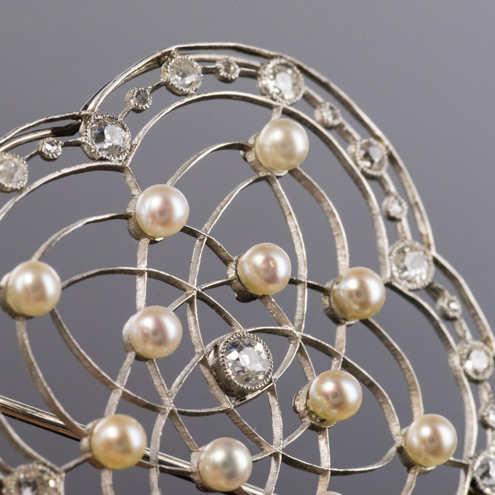 1890s Belle poque Perle naturelle Diamants Or 18 carats Platine Broche Bon état - En vente à Poitiers, FR