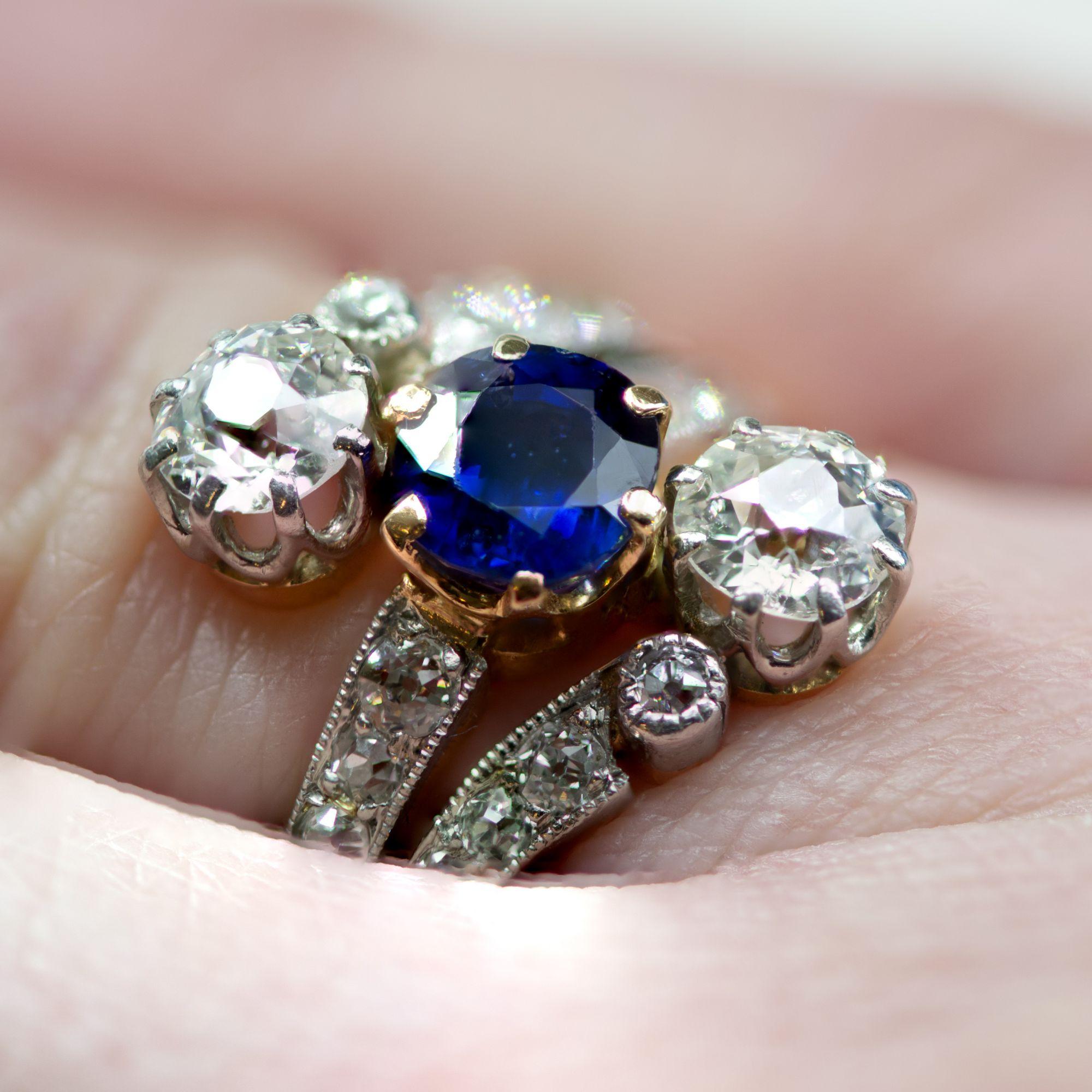 Cushion Cut 1890s Belle Epoque Sapphire Diamonds 18 Karat Rose Gold Ring
