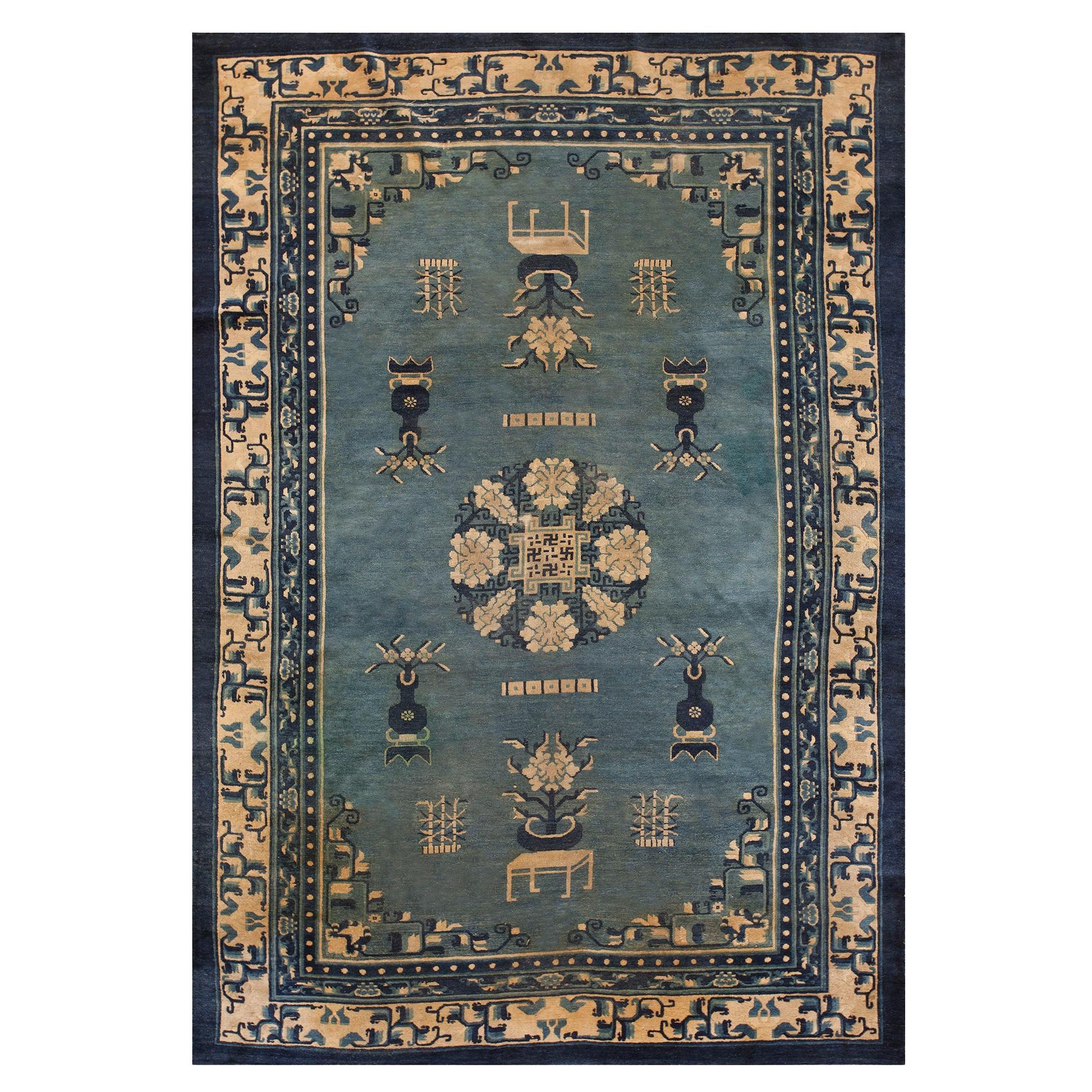 1890s Blue Ivory Traditional Antique Chinese Peking Vase Rug 6
 x 9
 Wool Carpet For Sale