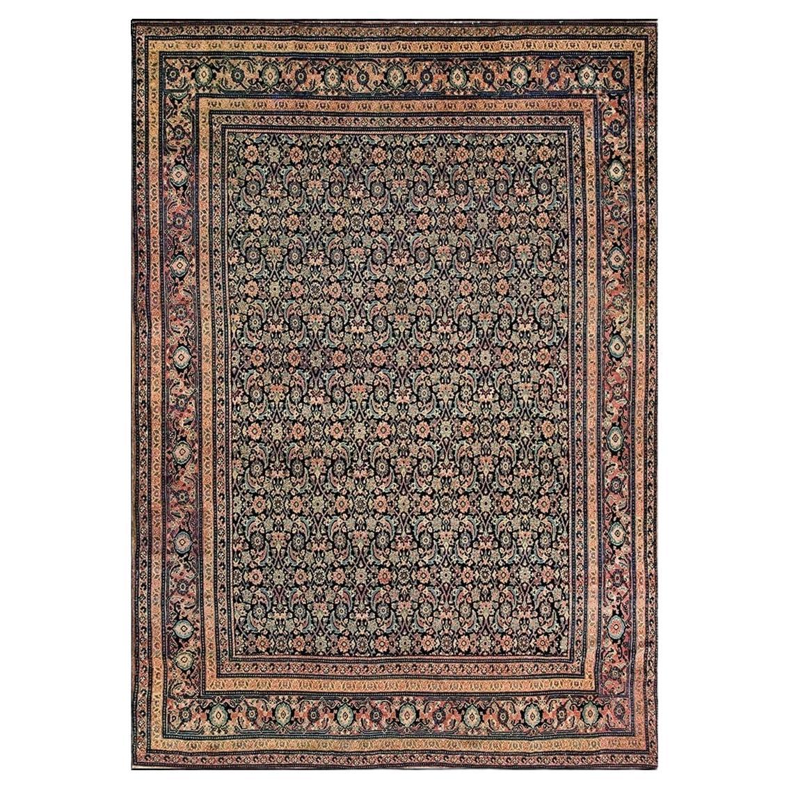 1890s Blue Navy Antique Floral Herati Pattern Senneh Formal Knotted Wool Rug
