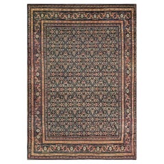 1890s Blue Navy Antique Floral Herati Pattern Senneh Formal Knotted Wool Rug