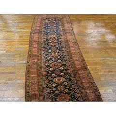 1890s Blue Navy Traditional Antique Runner Tribal Geometric Kurdish Wool Rug