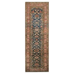 1890s Blue Navy Traditional Antique Runner Tribal Geometric Kurdish Wool Rug
