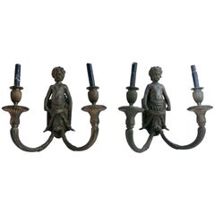 1890s Cast Bronze Cherub Double Arm Sconces
