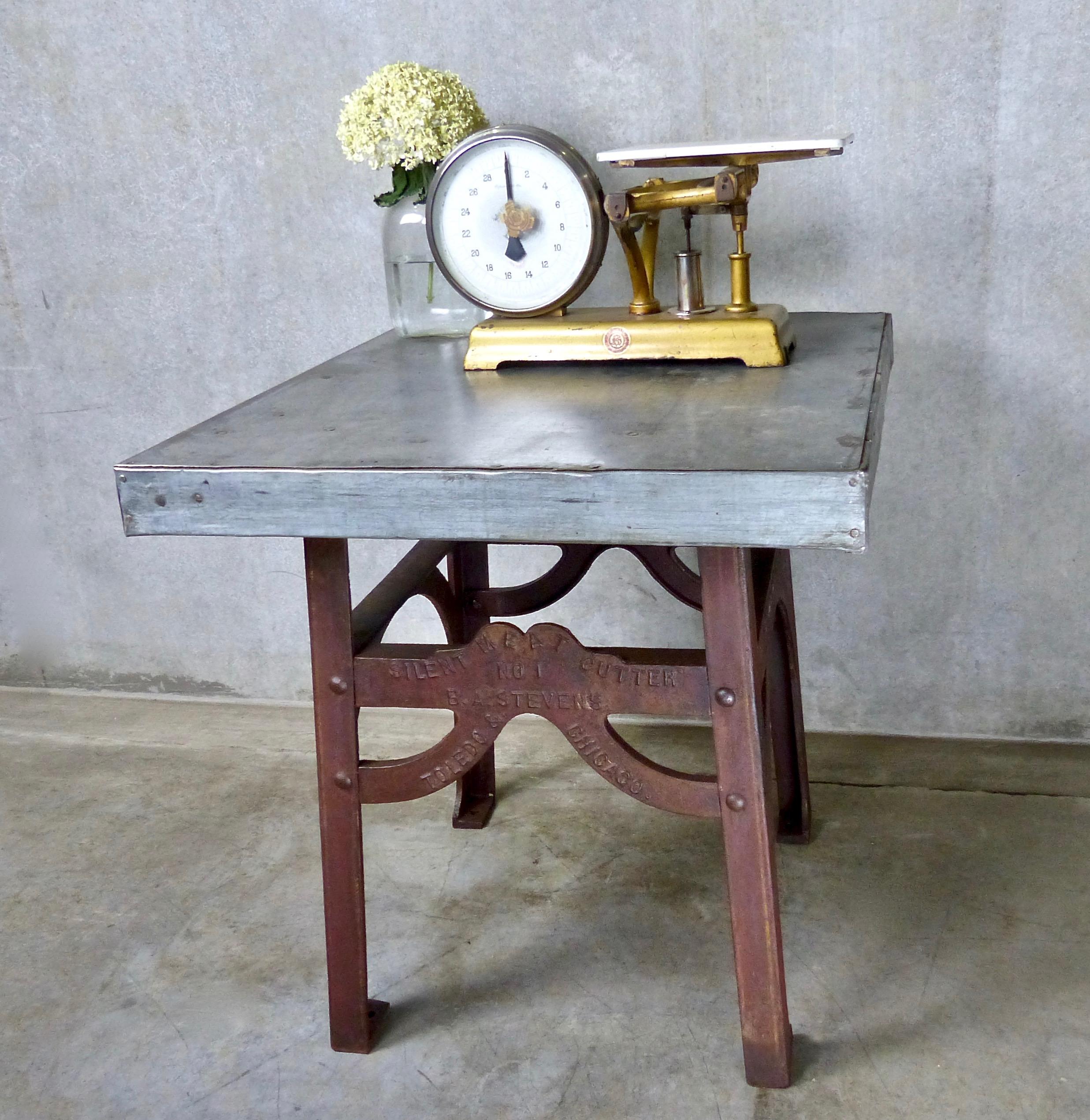 ‘Silent Meat Cutter No. 1’ from the B.A. Stevens Co. of Toledo and Chicago. Patented cast iron base from the 1890s with a metal-wrapped tabletop. Perfect height for a table or an island.