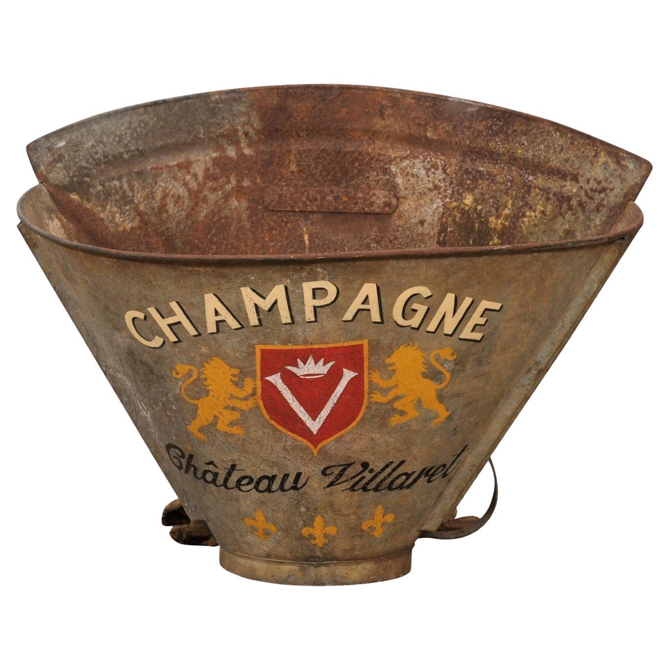 1890s Château Villaret French Grape Picking Hod with Champagne Label