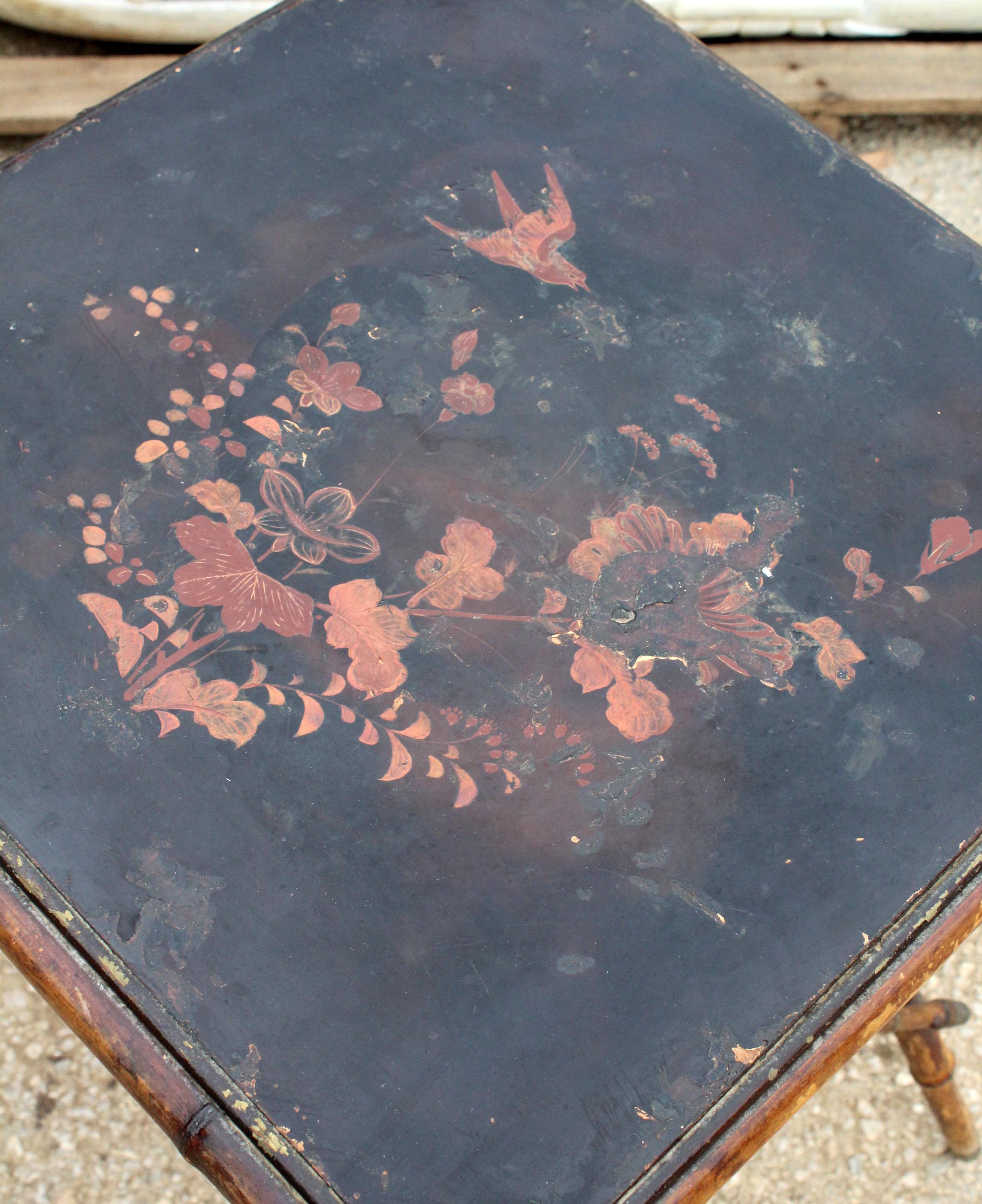 19th Century 1890s Chinese Bamboo Side Table with Black Lacquer Top and Bronze Fittings