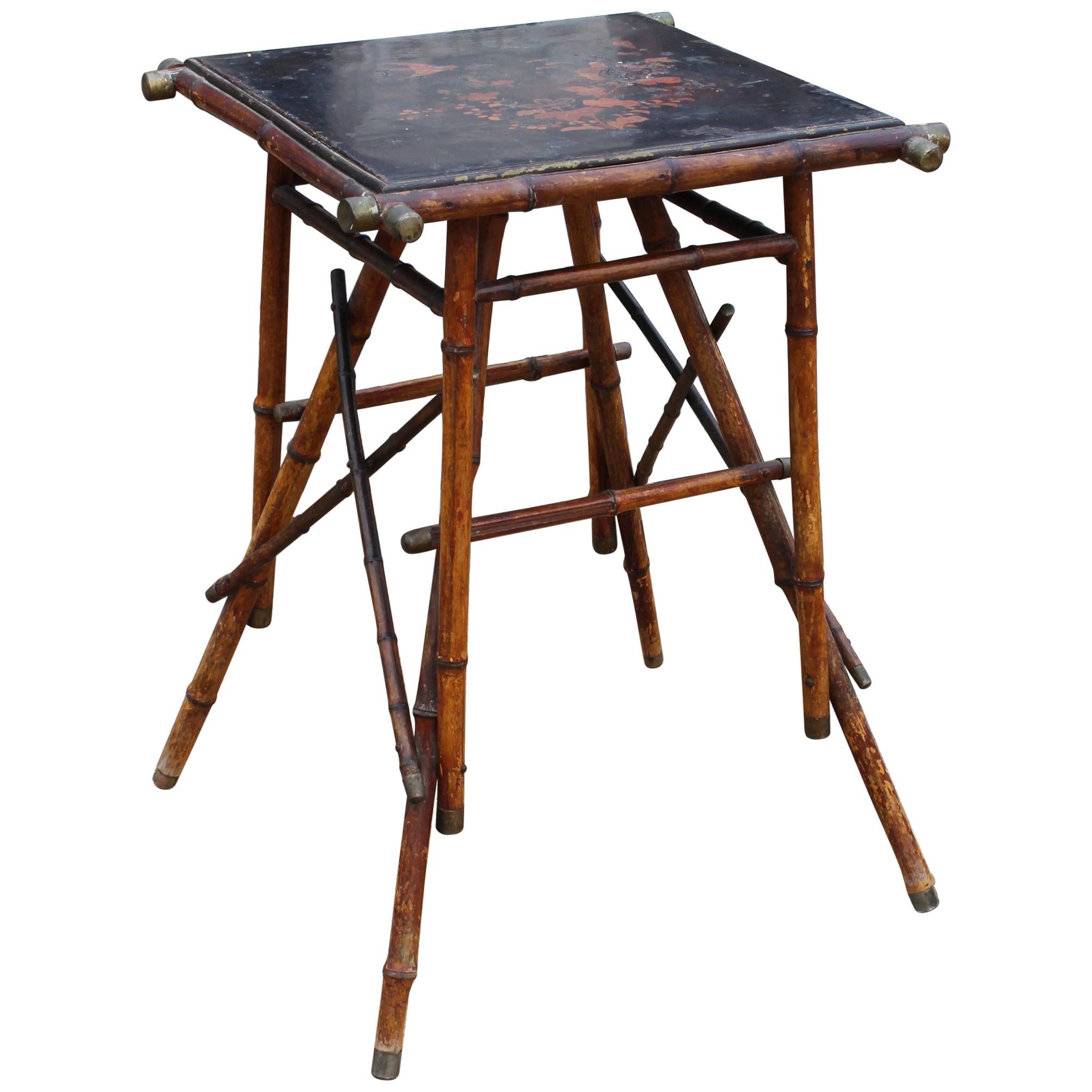 1890s Chinese Bamboo Side Table with Black Lacquer Top and Bronze Fittings