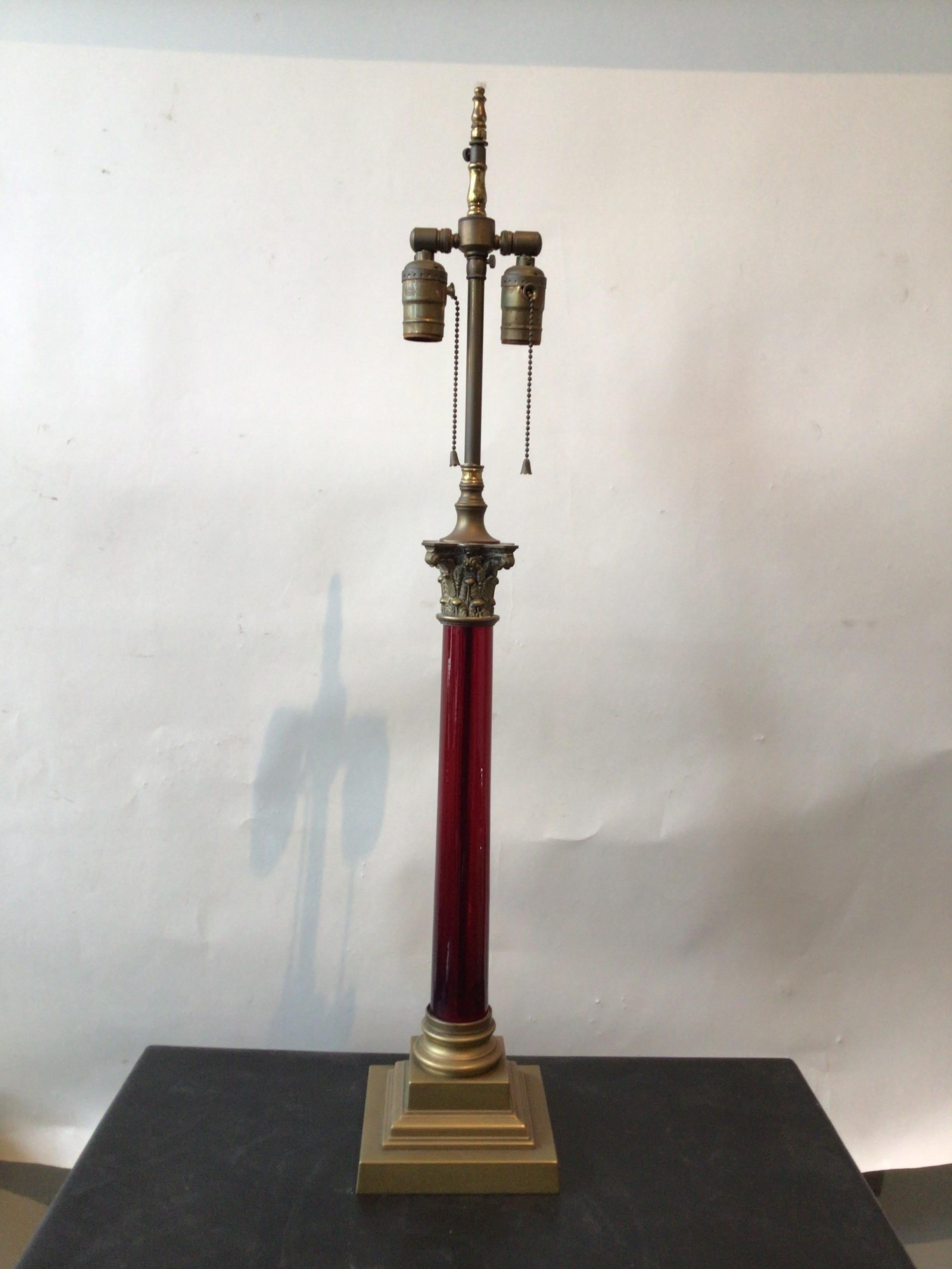 1890s Cranberry glass and bronze column lamp.