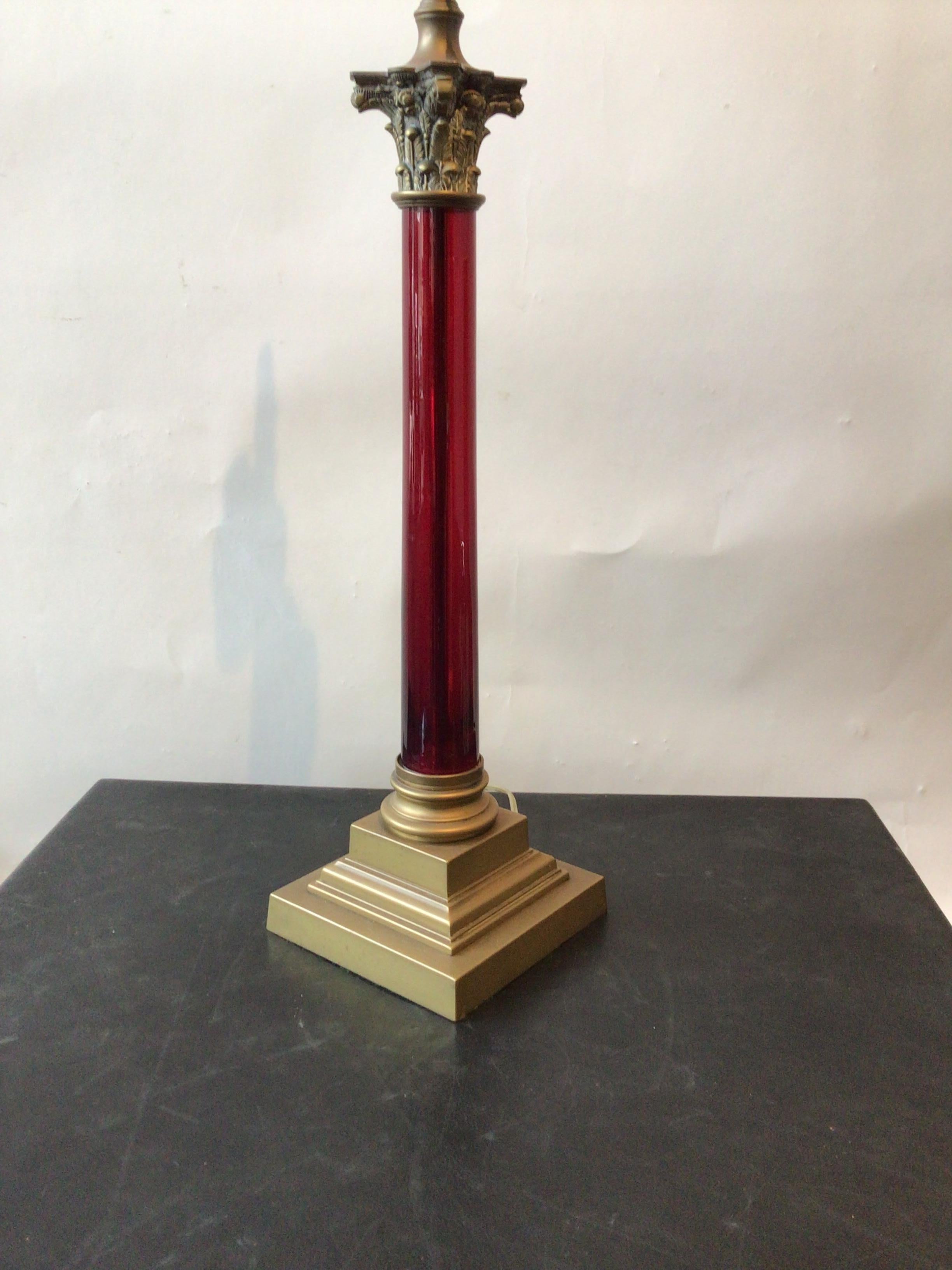 1890s Cranberry Glass and Bronze Column Lamp In Good Condition For Sale In Tarrytown, NY