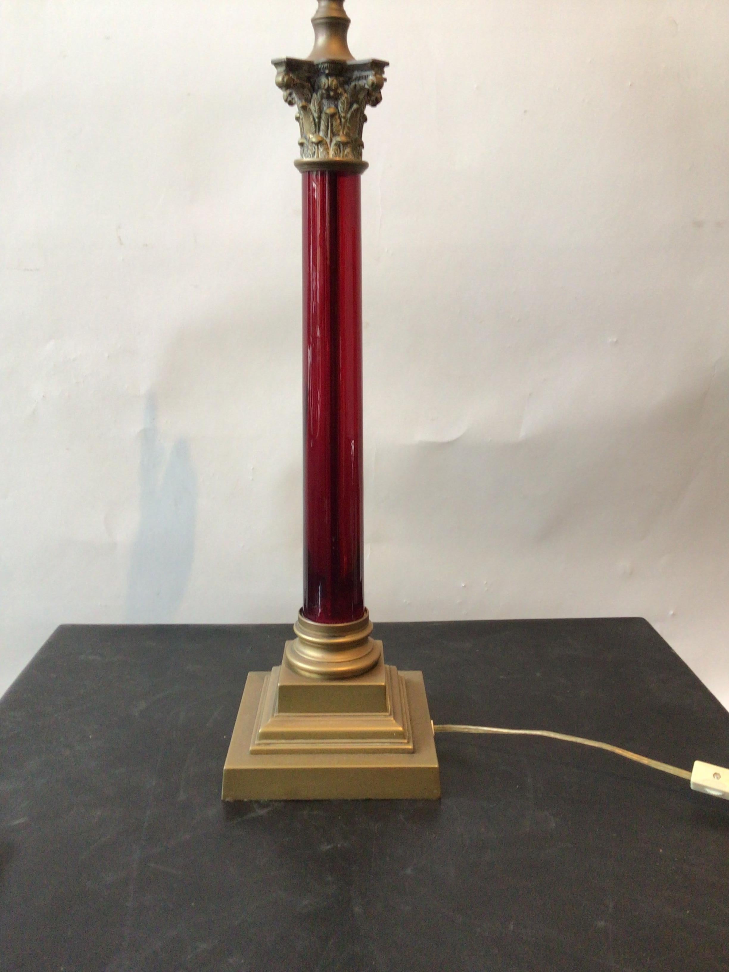 Late 19th Century 1890s Cranberry Glass and Bronze Column Lamp For Sale