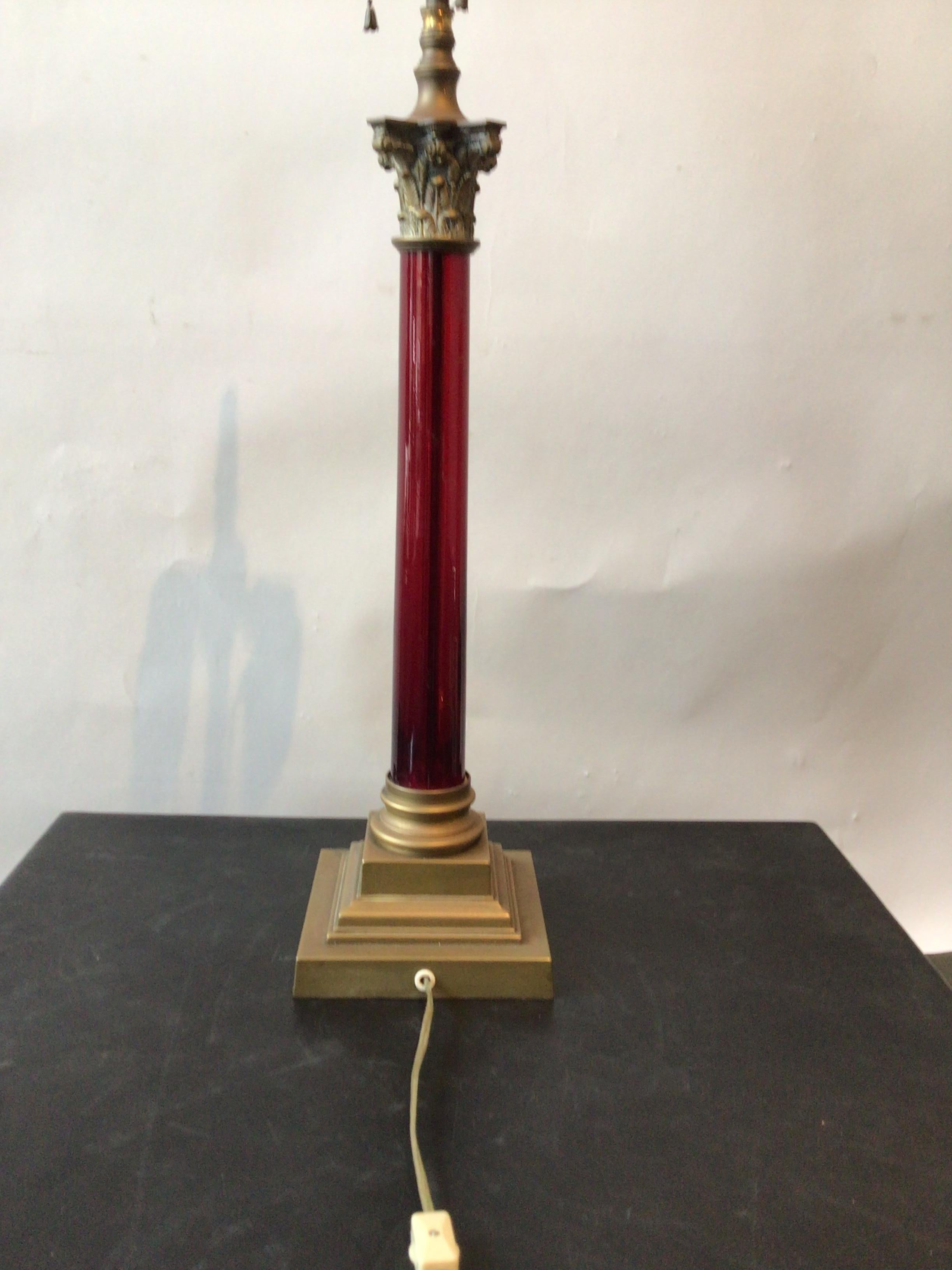 1890s Cranberry Glass and Bronze Column Lamp For Sale 1