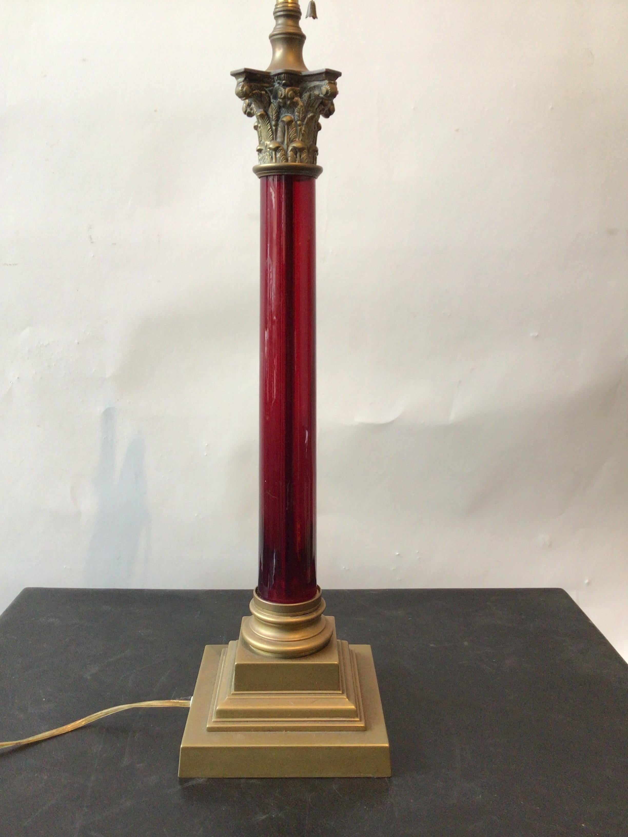 1890s Cranberry Glass and Bronze Column Lamp For Sale 2
