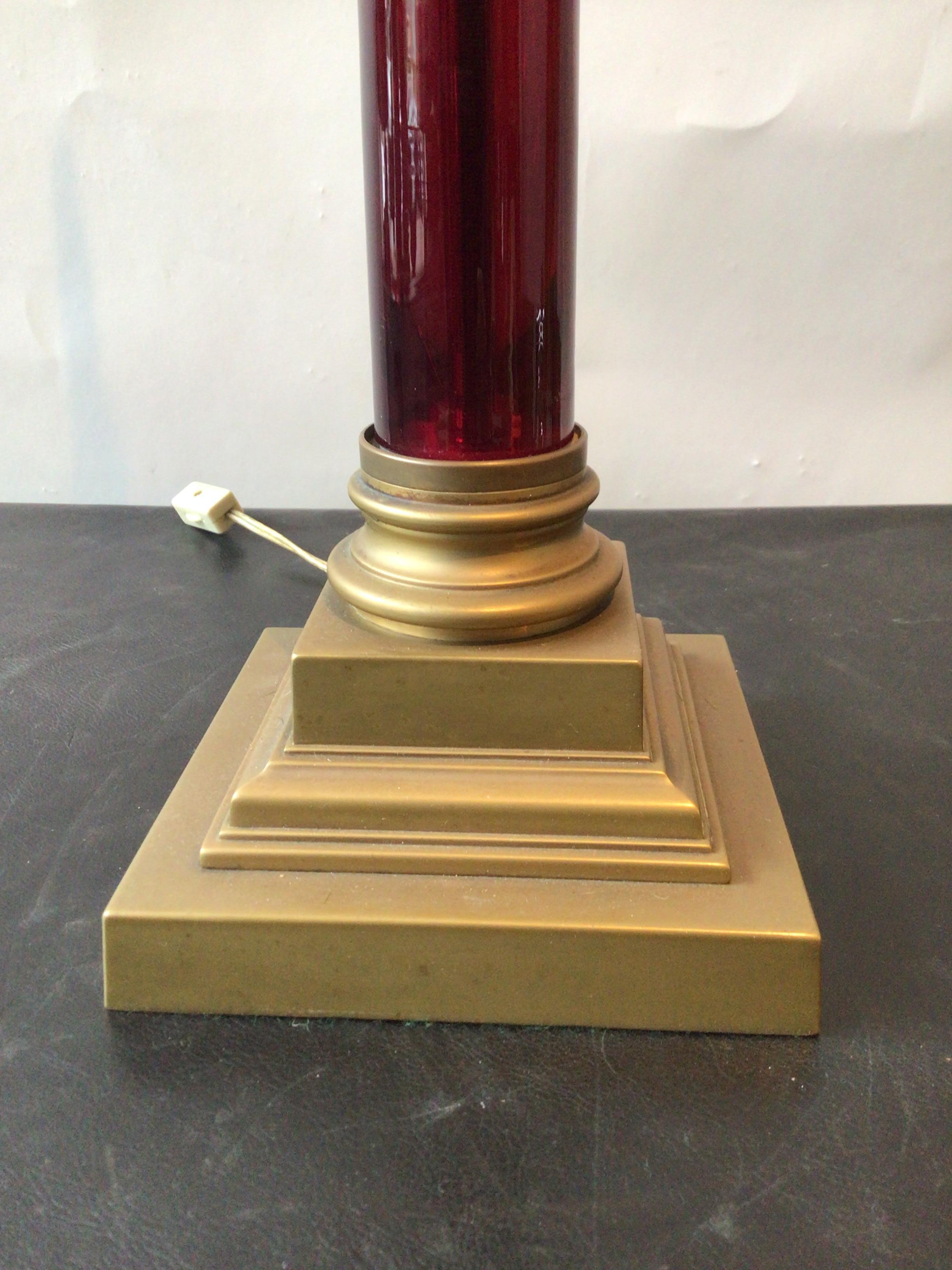 1890s Cranberry Glass and Bronze Column Lamp For Sale 5