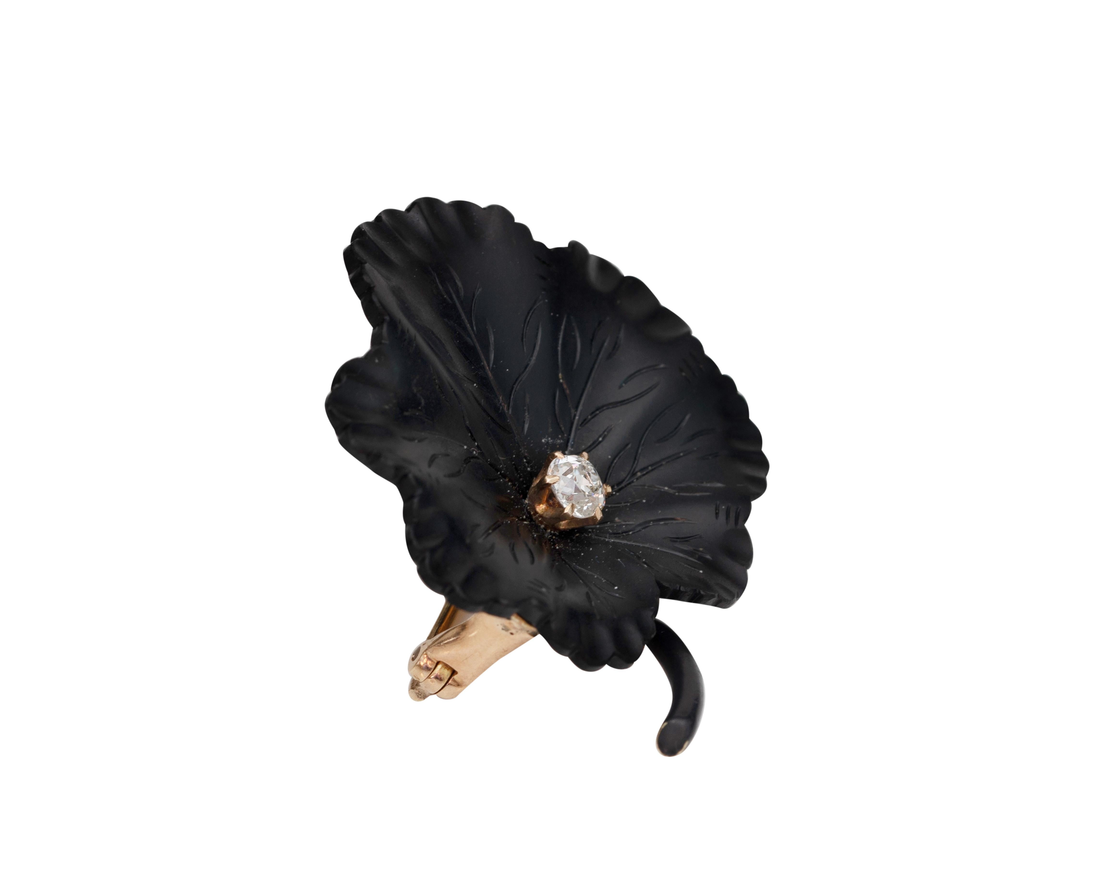 Pin Details:
Metal type: 14 Karat Yellow Gold
Weight: 8.13 grams
Measures: 1.5 inch length and width 

Diamond Details: 
Cut: Old Miner
Carat: .5 carat (1 count)
Color: F
Clarity: VS

Onyx Details: Black Onyx that has been carved 

Stunning 3-Leaf