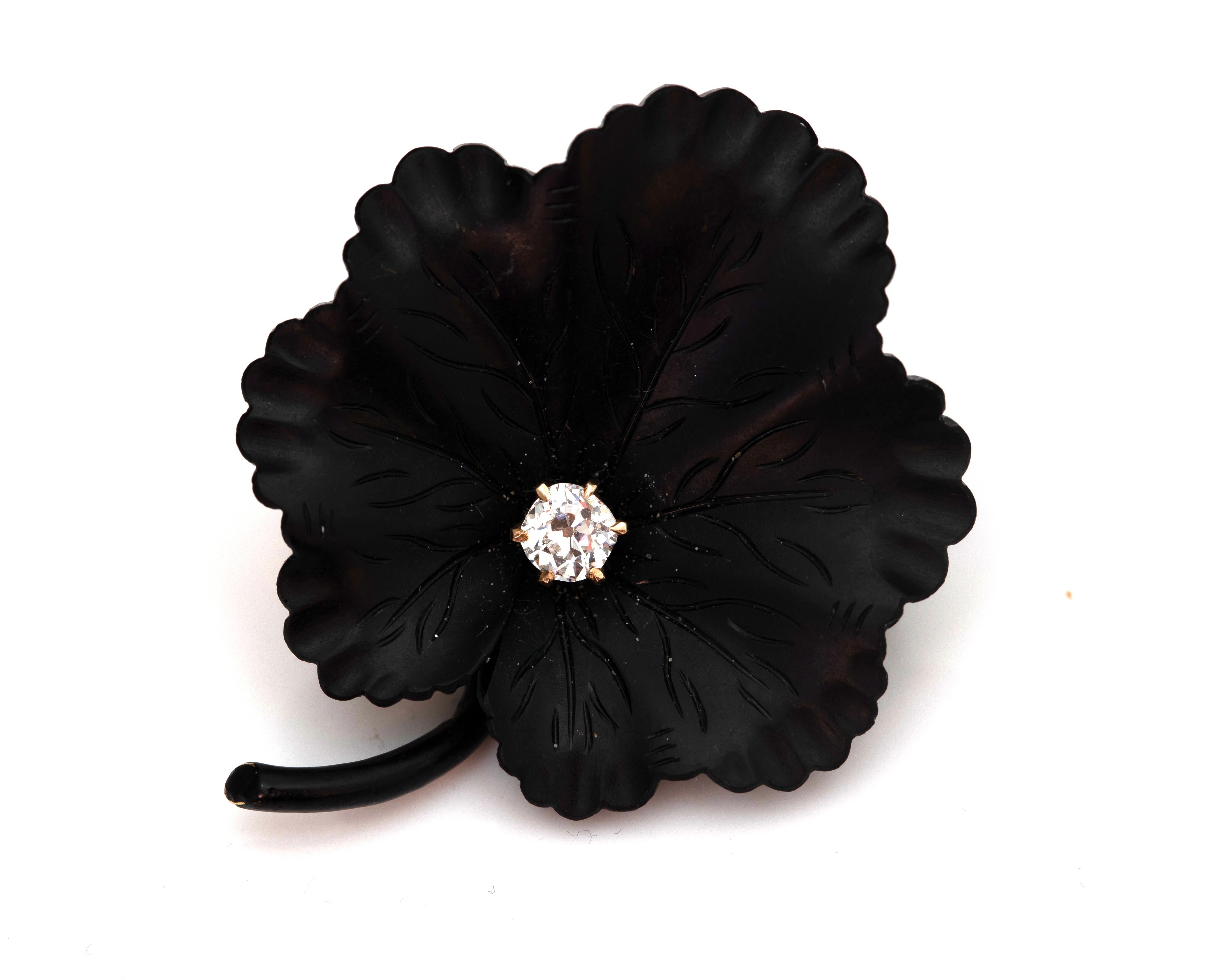 1890s Diamond and Onyx Clover Leaf Pin In Excellent Condition In Atlanta, GA