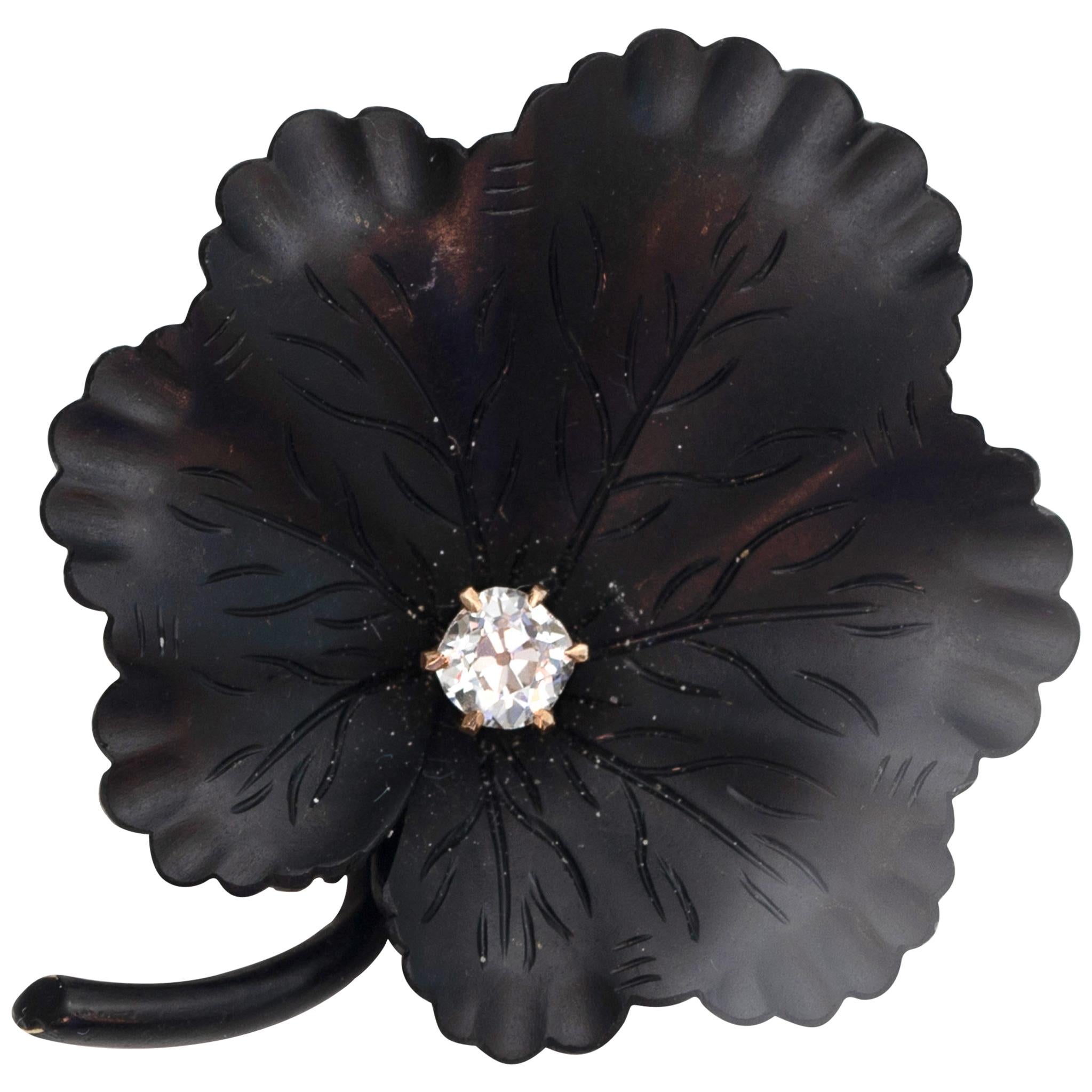 1890s Diamond and Onyx Clover Leaf Pin