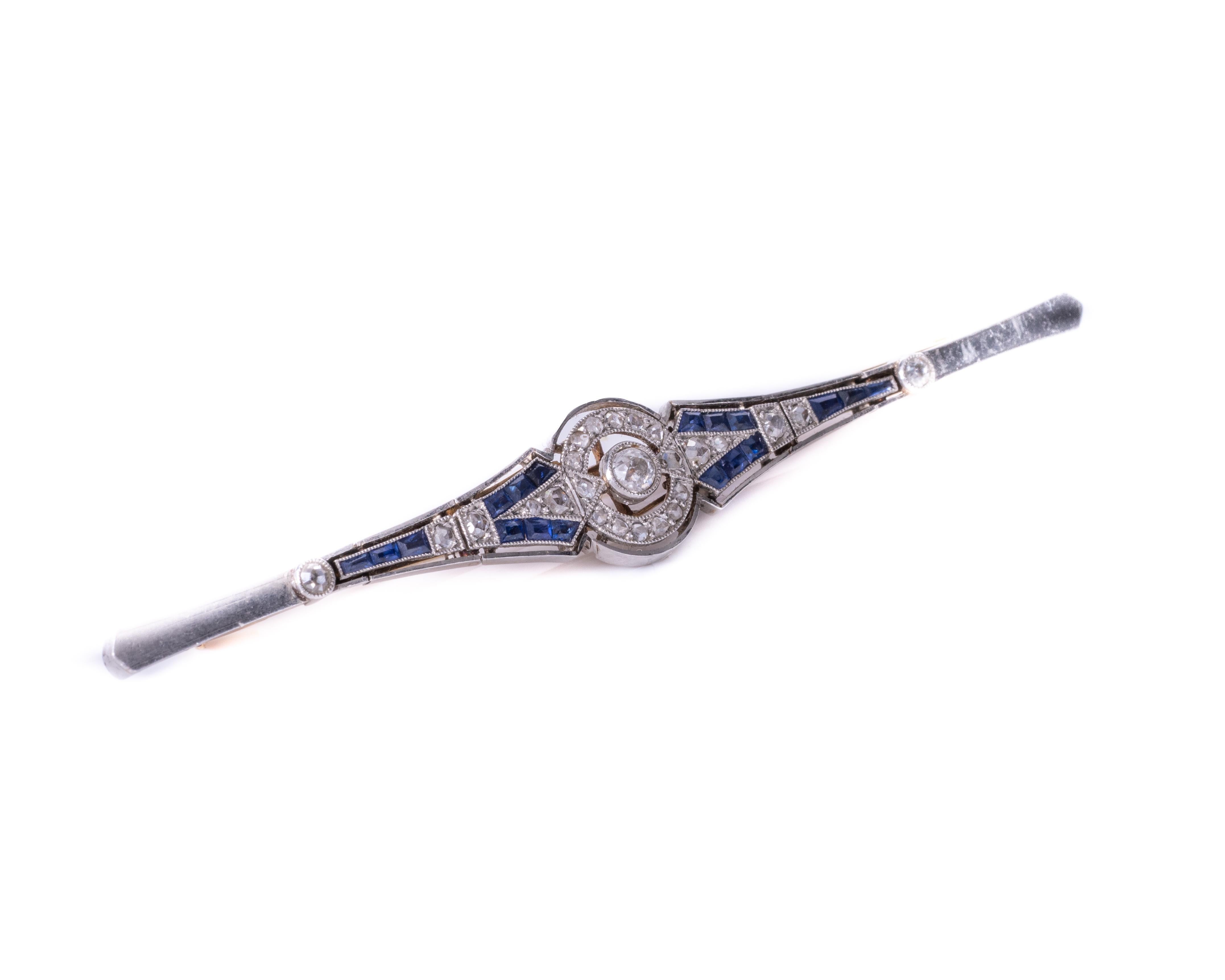 Victorian 1890s Diamond and Sapphire Platinum and 14 Karat Gold Pin Brooch