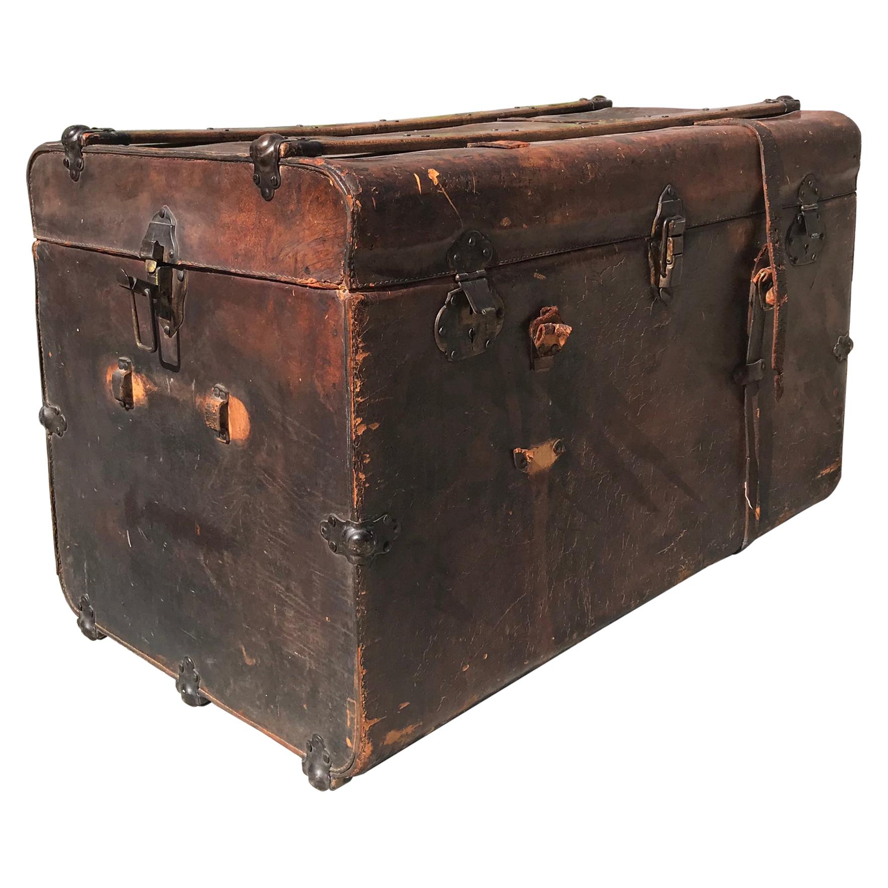 1890s Elegantly Distressed Antique Steamer Travel Trunk Aged Leather Wood & Iron