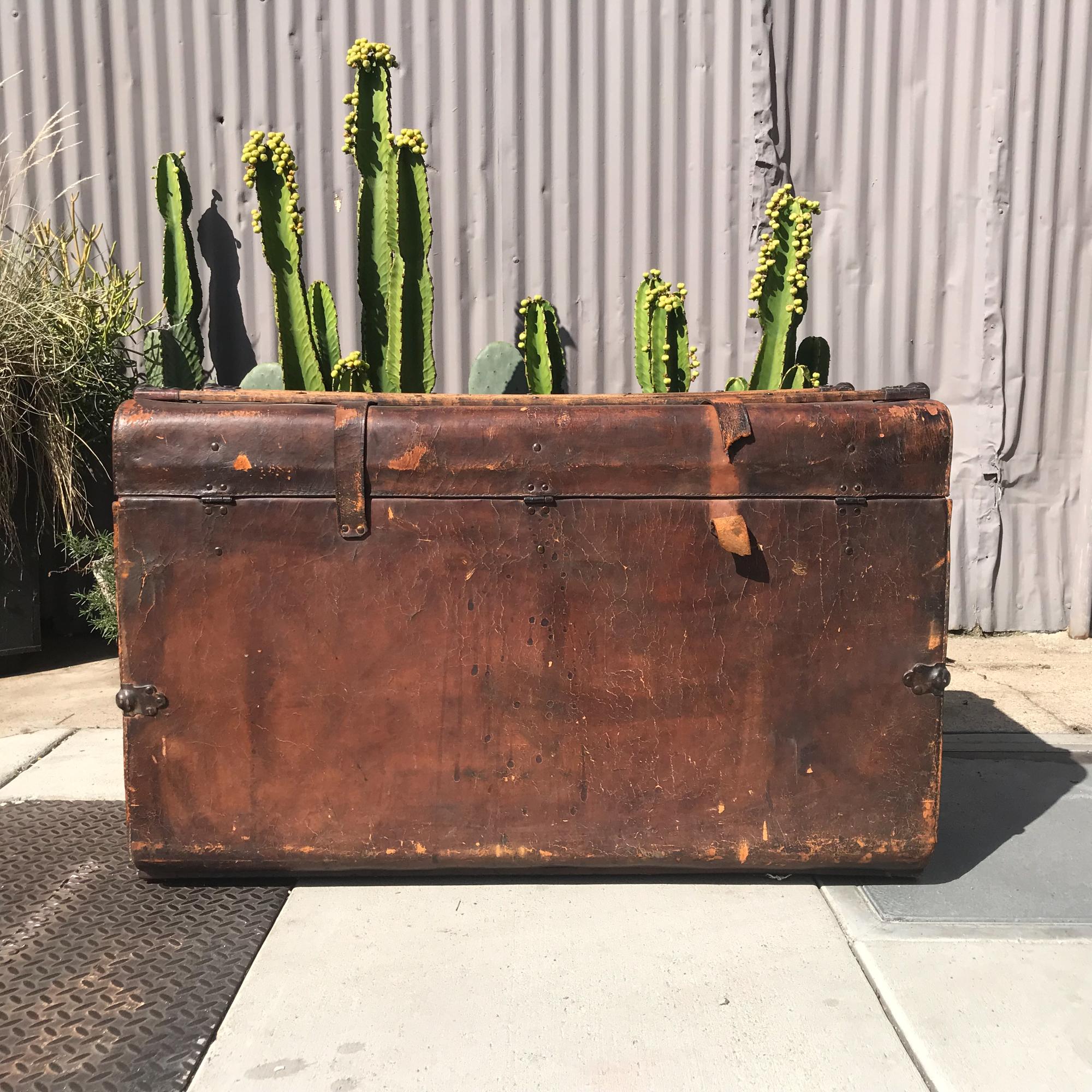 American 1890s Elegantly Distressed Antique Steamer Travel Trunk Aged Leather Wood & Iron