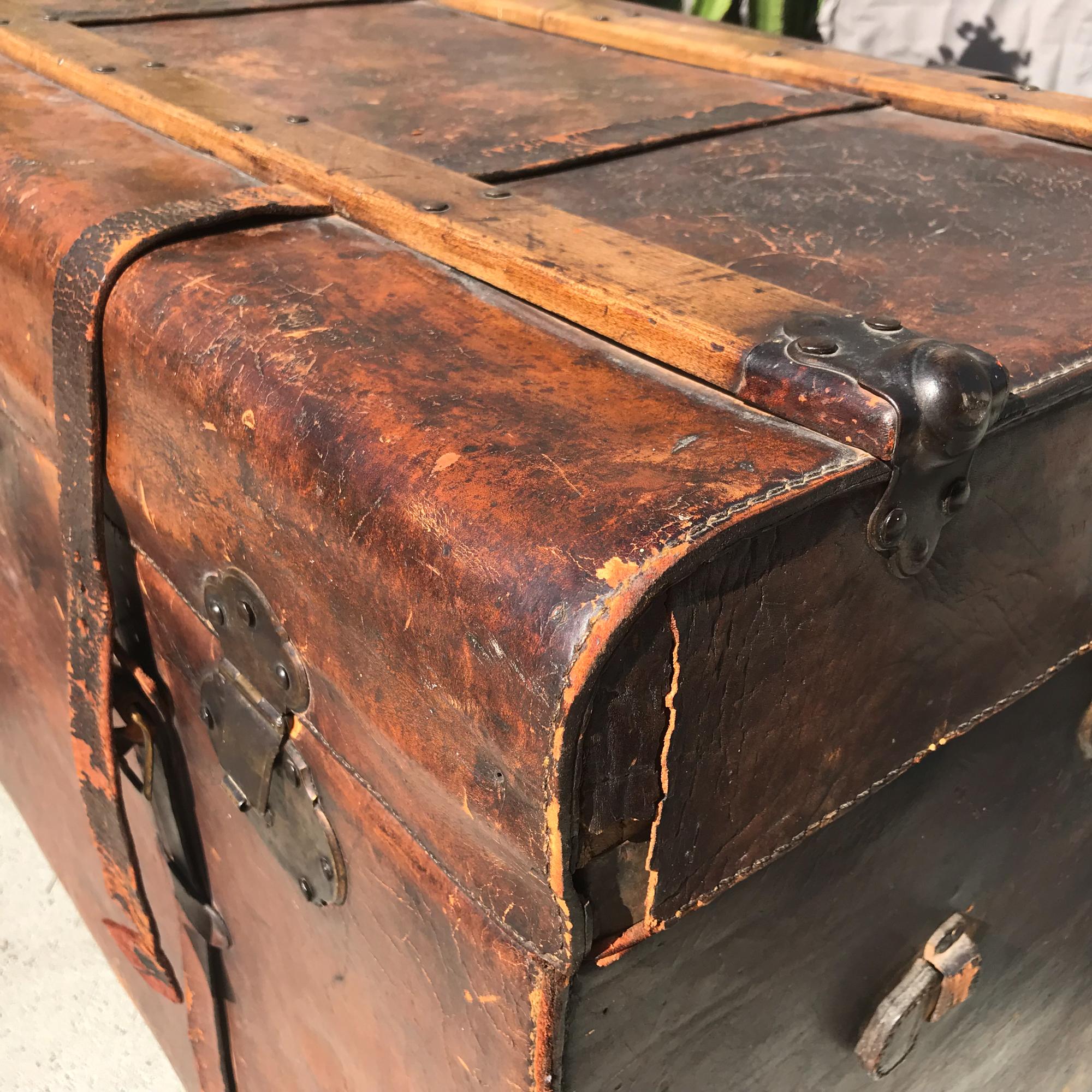 Late 19th Century 1890s Elegantly Distressed Antique Steamer Travel Trunk Aged Leather Wood & Iron