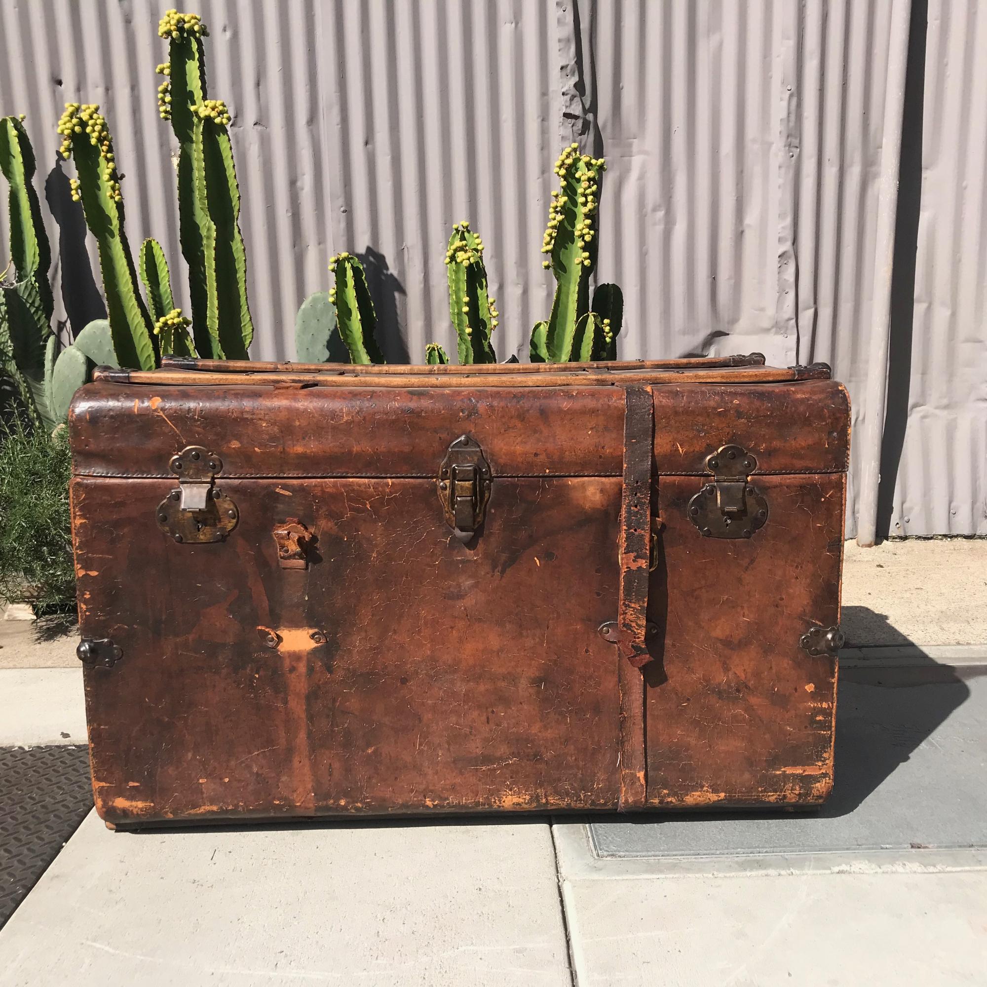 1890s Elegantly Distressed Antique Steamer Travel Trunk Aged Leather Wood & Iron 1