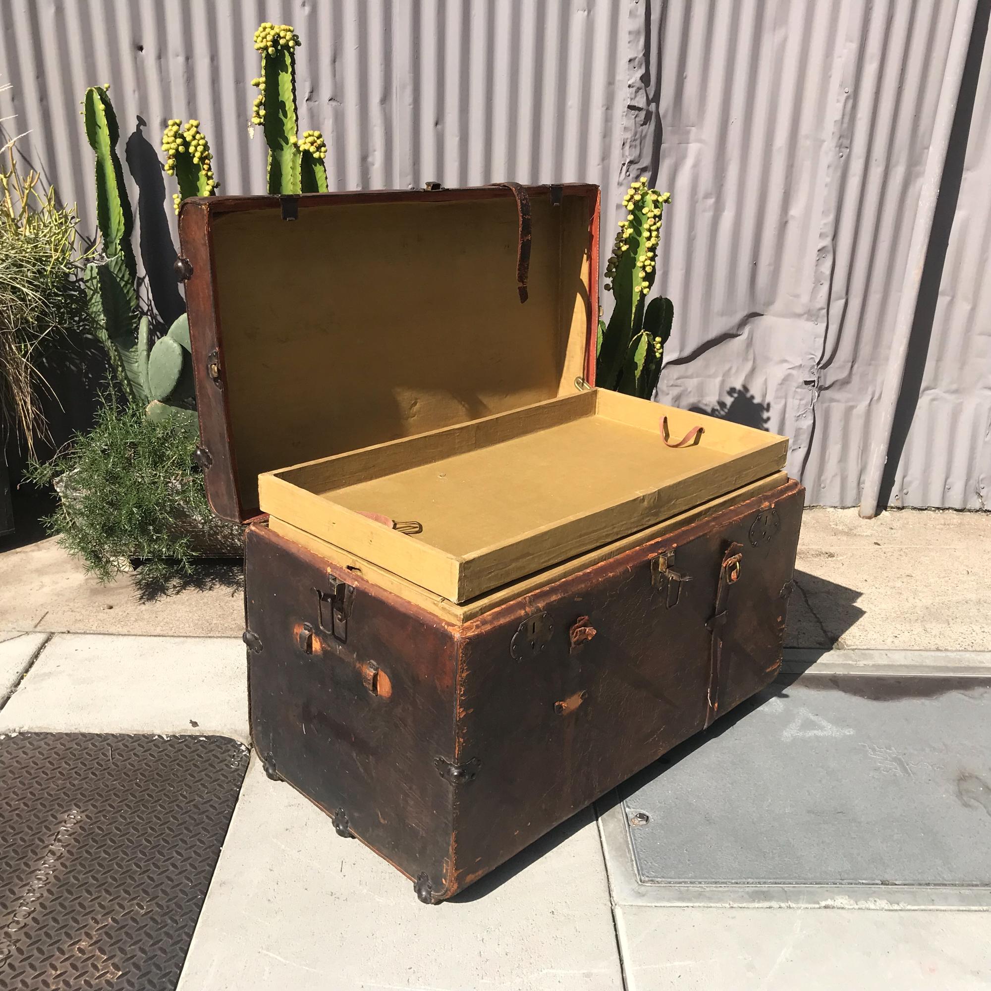 1890s Elegantly Distressed Antique Steamer Travel Trunk Aged Leather Wood & Iron 2