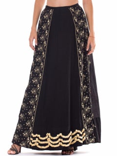 1890S  Black Victorian Cotton Sateen Skirt With Lace Style Embroidery