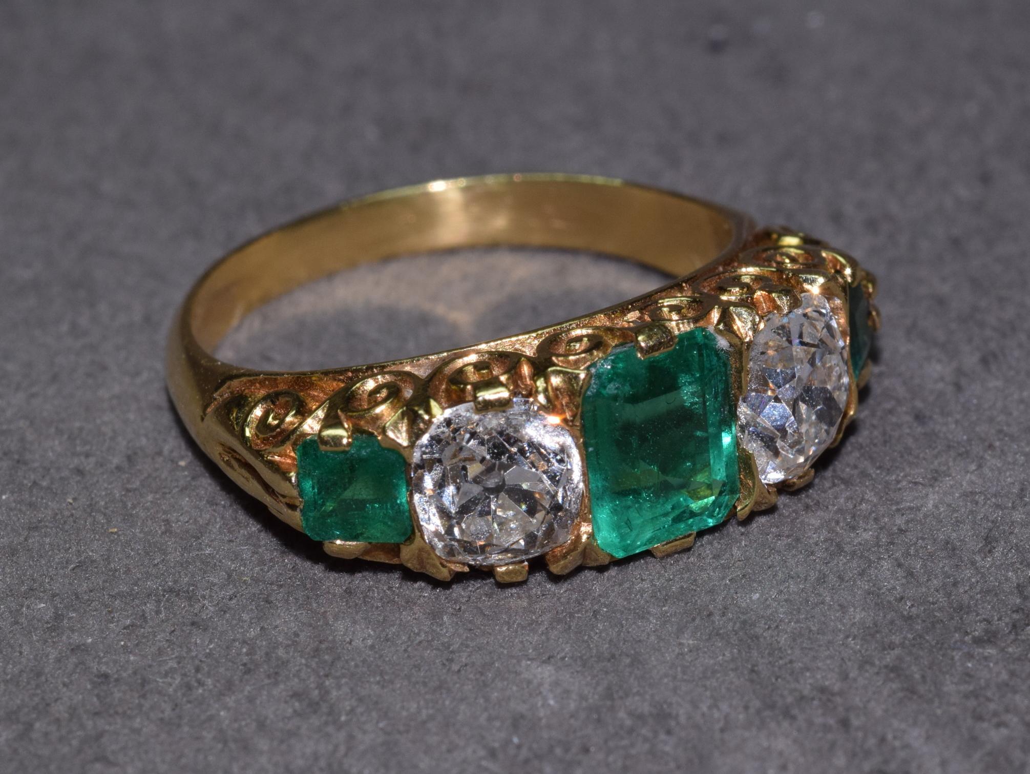 Victorian 1890s Emerald Diamond Gold Three-Stone Ring