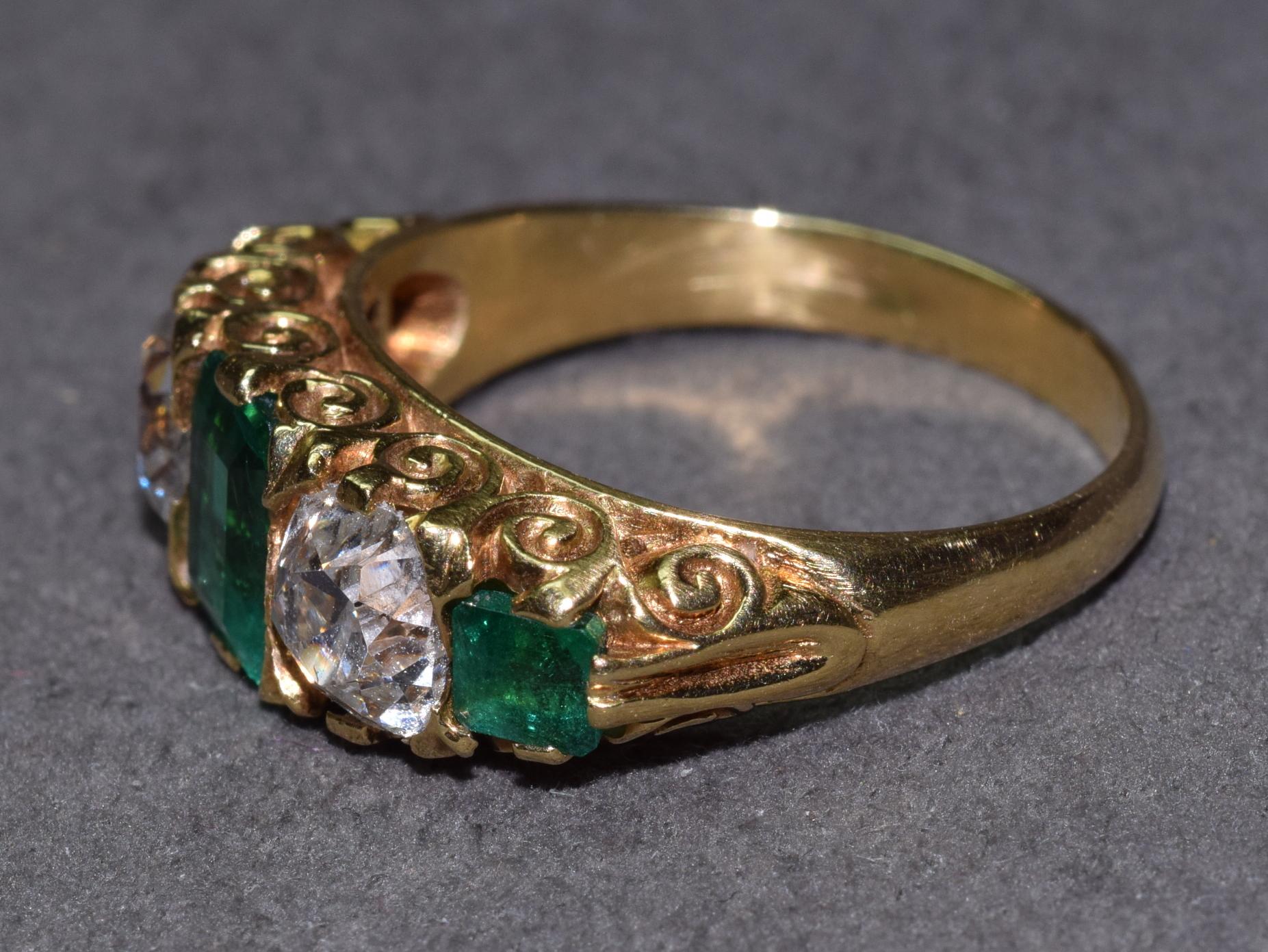 1890s Emerald Diamond Gold Three-Stone Ring In Excellent Condition In New York, NY