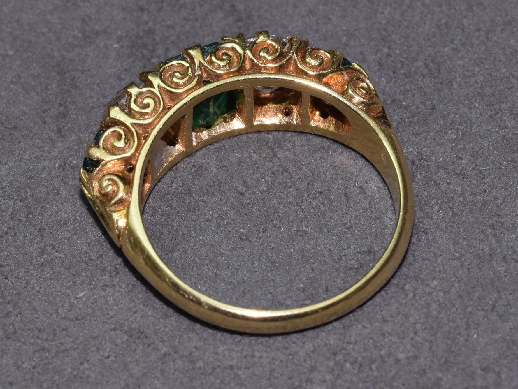 Women's 1890s Emerald Diamond Gold Three-Stone Ring