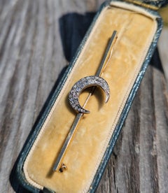 1890s English Antique Rose Cut Diamond Crescent Moon Gold Silver Bar Brooch Pin