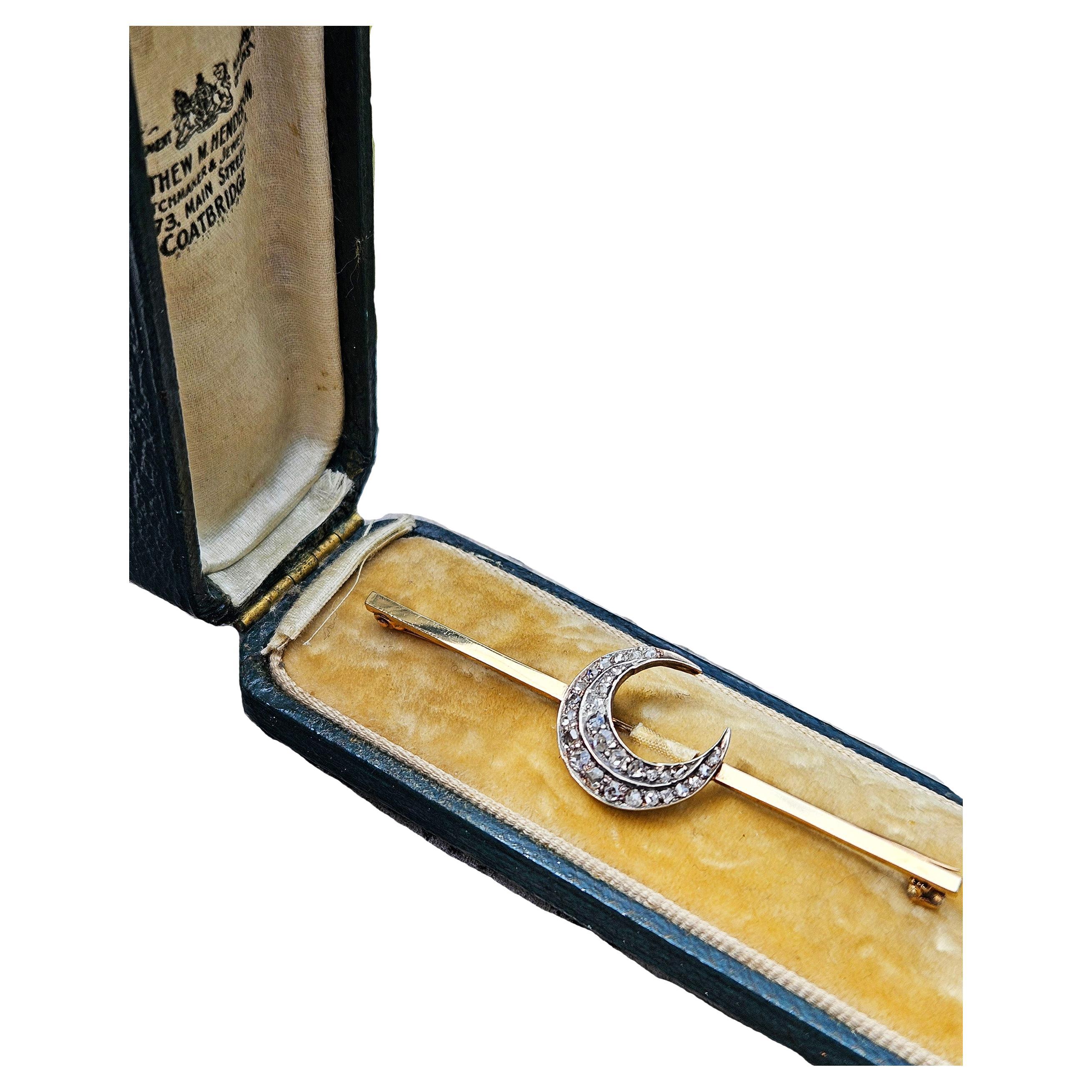 1890s English Antique Rose Cut Diamond Crescent Moon Gold Silver Bar Brooch Pin