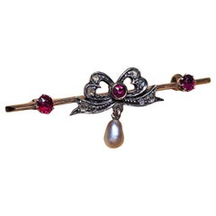 1890s English Antique Ruby Pearl Rose Cut Diamond Bow Gold Silver Bar Brooch Pin