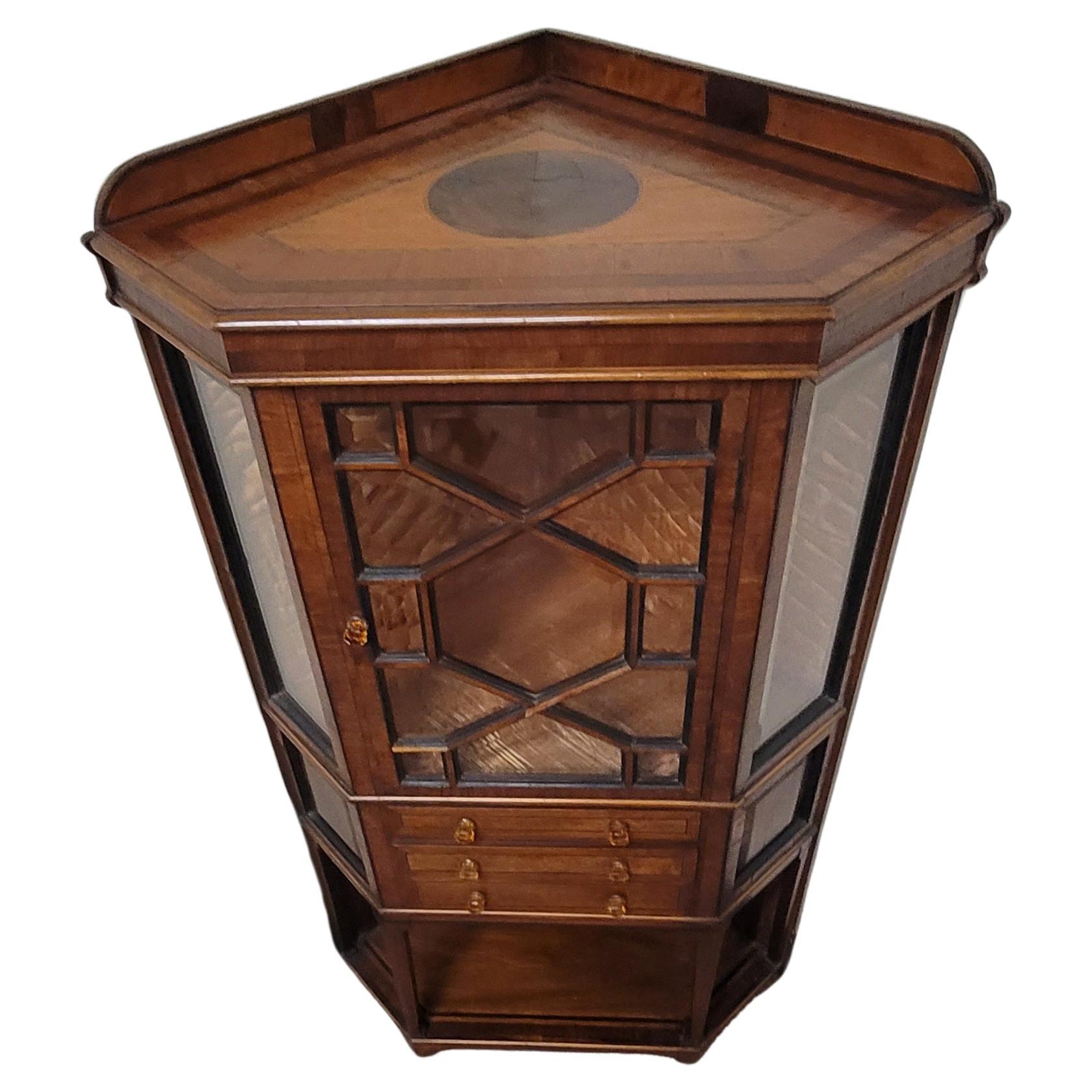 Walnut 1890s English  Art Nouveau Mahogany Inlaid Corner Vitrine Display Cabinet For Sale