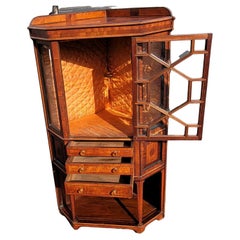 1890s English  Art Nouveau Mahogany Inlaid Corner Vitrine Display Cabinet
