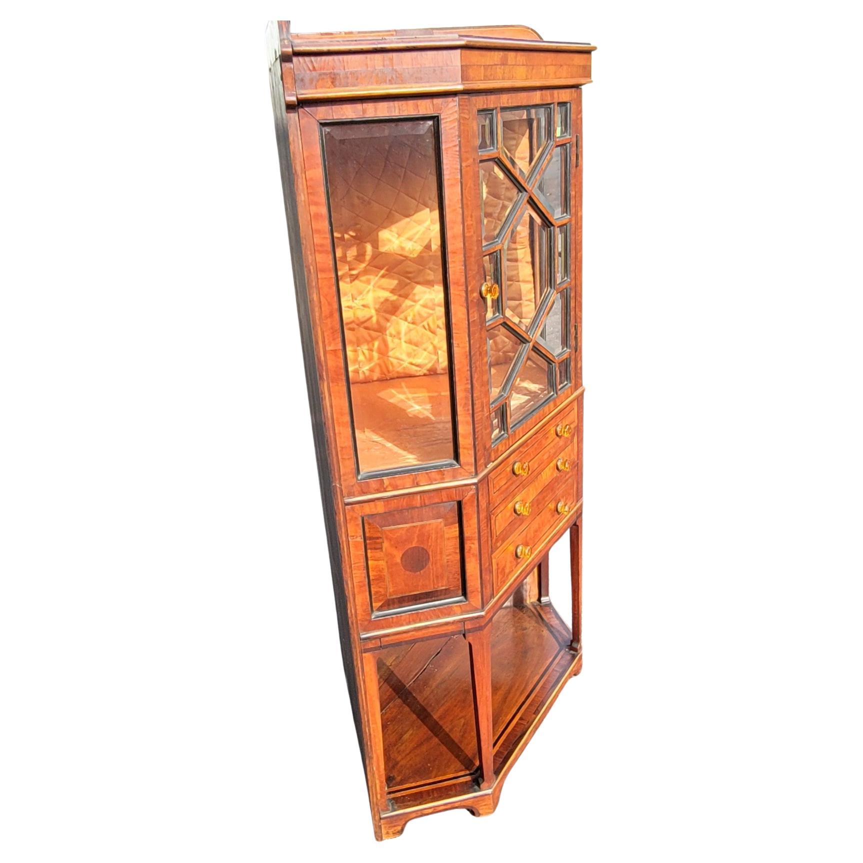 Inlay 1890s English  Art Nouveau Mahogany Inlaid Corner Vitrine Display Cabinet For Sale
