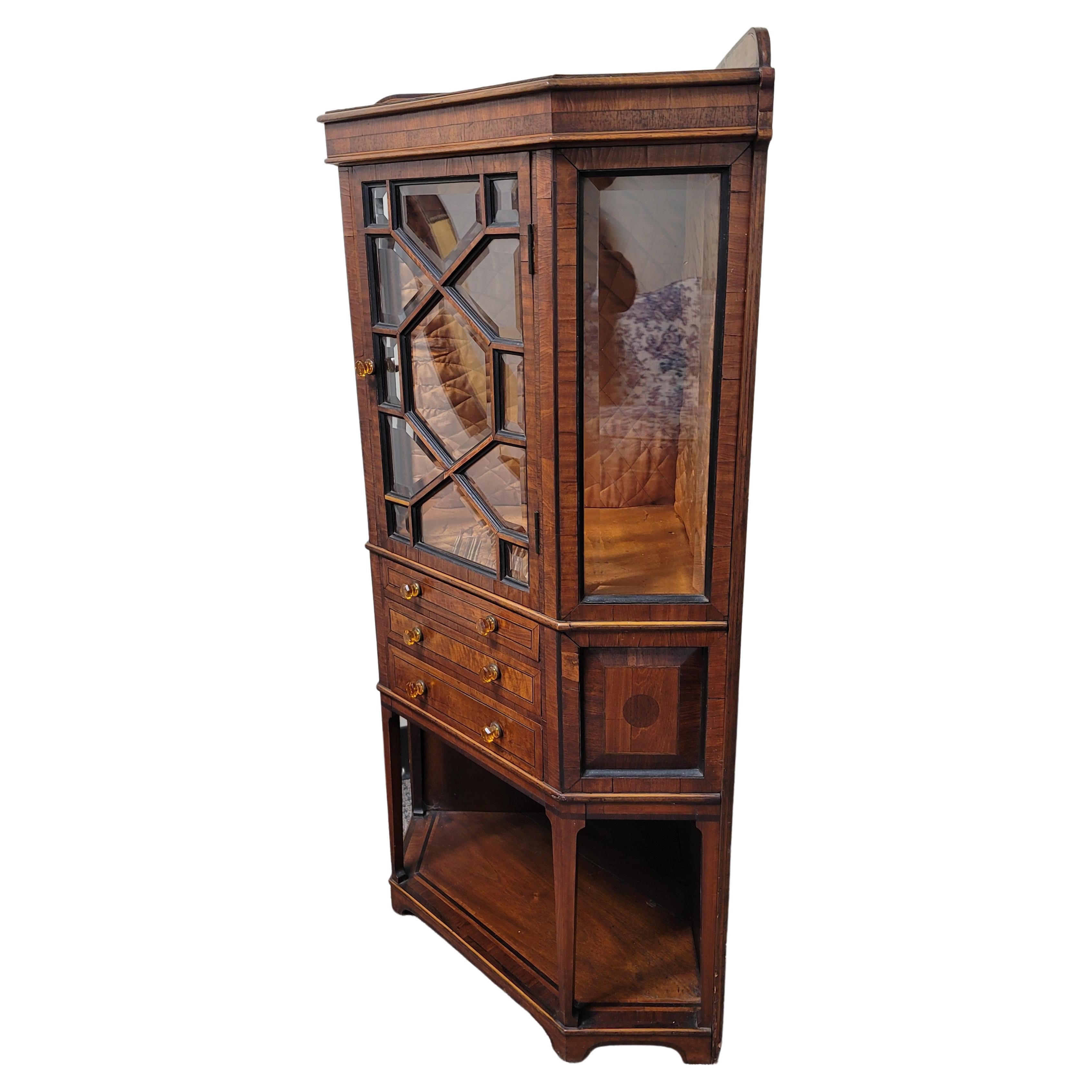 1890s English  Art Nouveau Mahogany Inlaid Corner Vitrine Display Cabinet For Sale 7