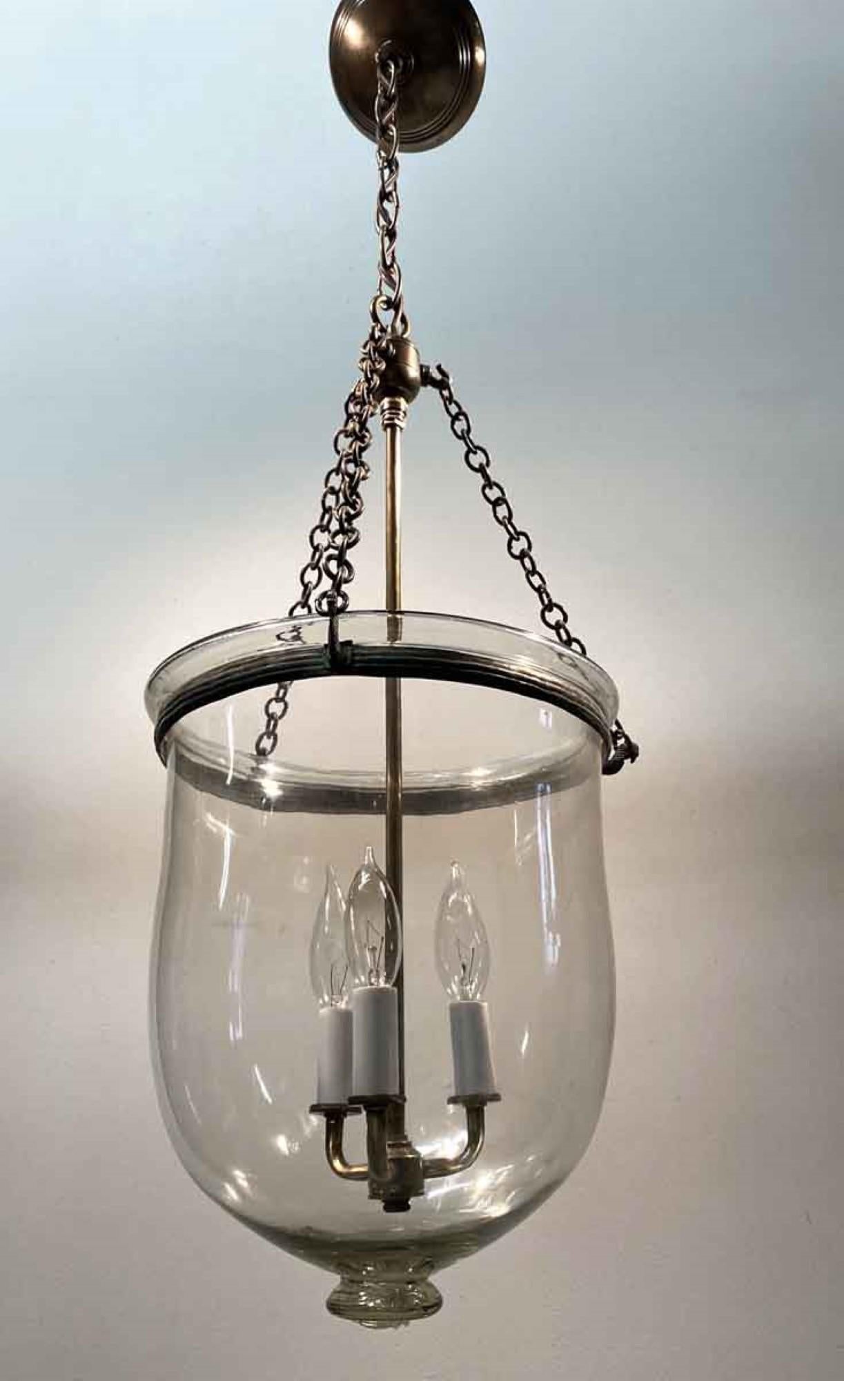 Brass 1890s English Clear Bell Jar Pendant Lantern Now Electrified with Three Lights