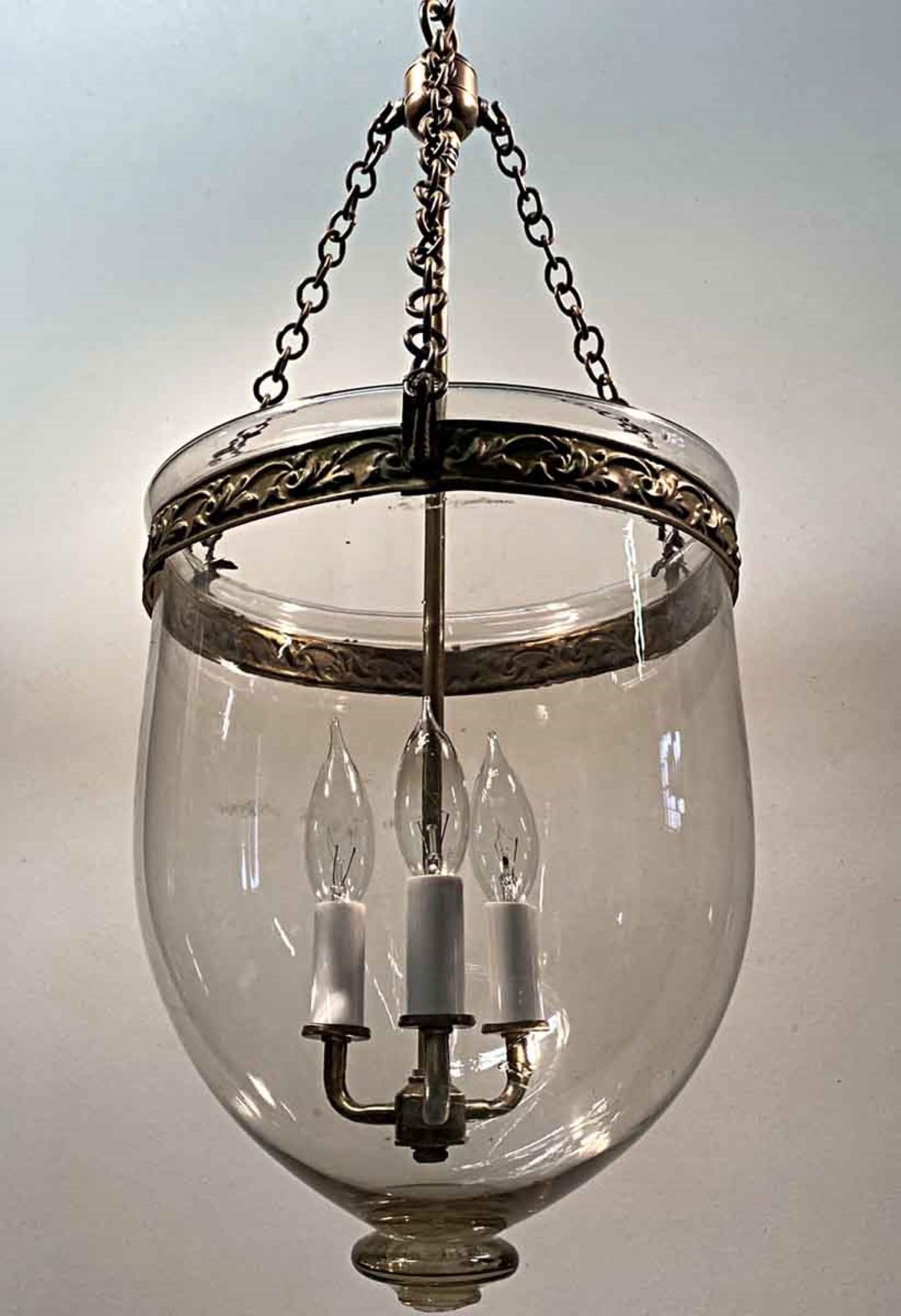 1890s English Clear Bell Jar Pendant Lantern Now Electrified with Three Lights 1