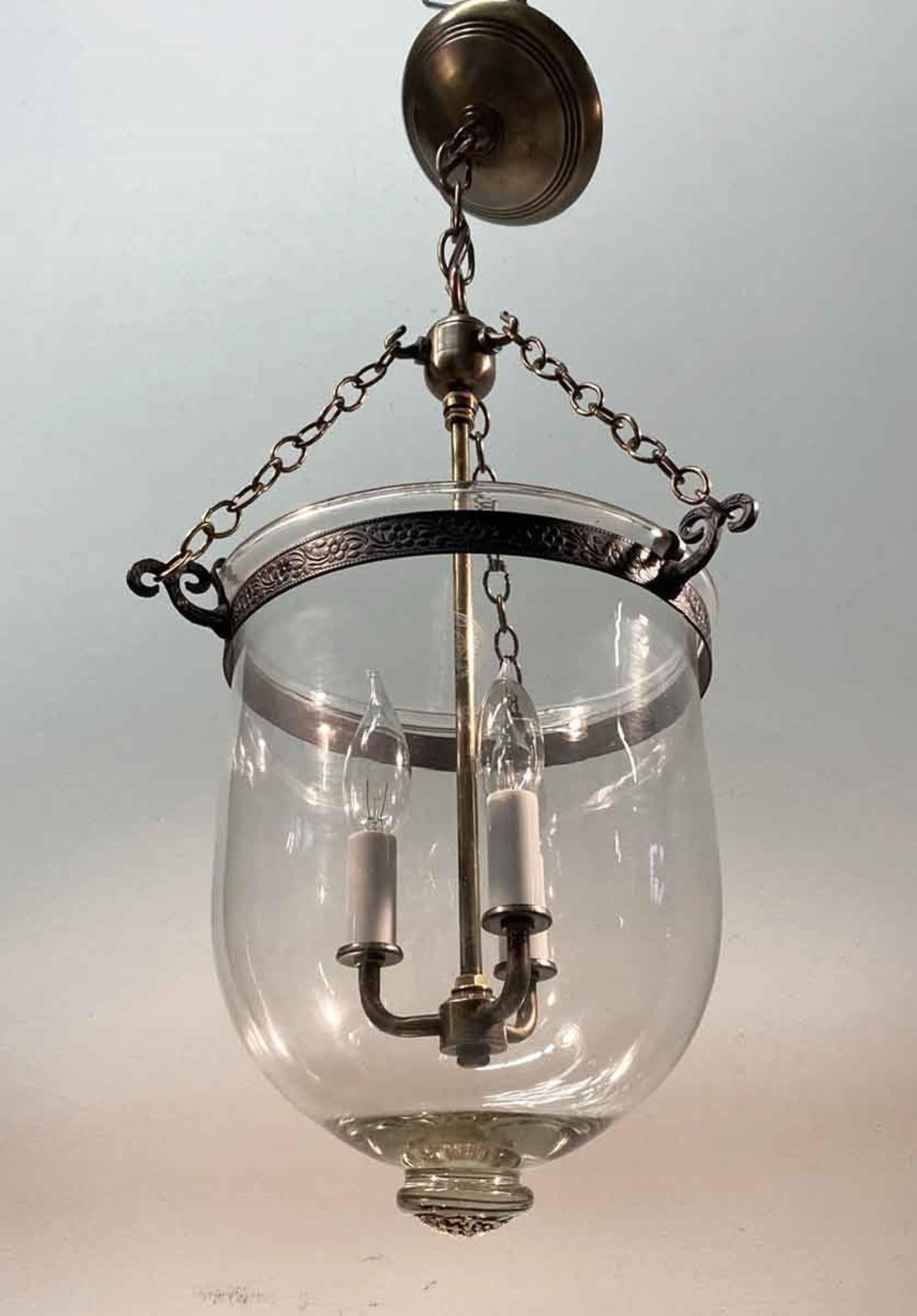 Brass 1890s English Clear Bell Jar Pendant Lantern, Originally Whale Oil Light
