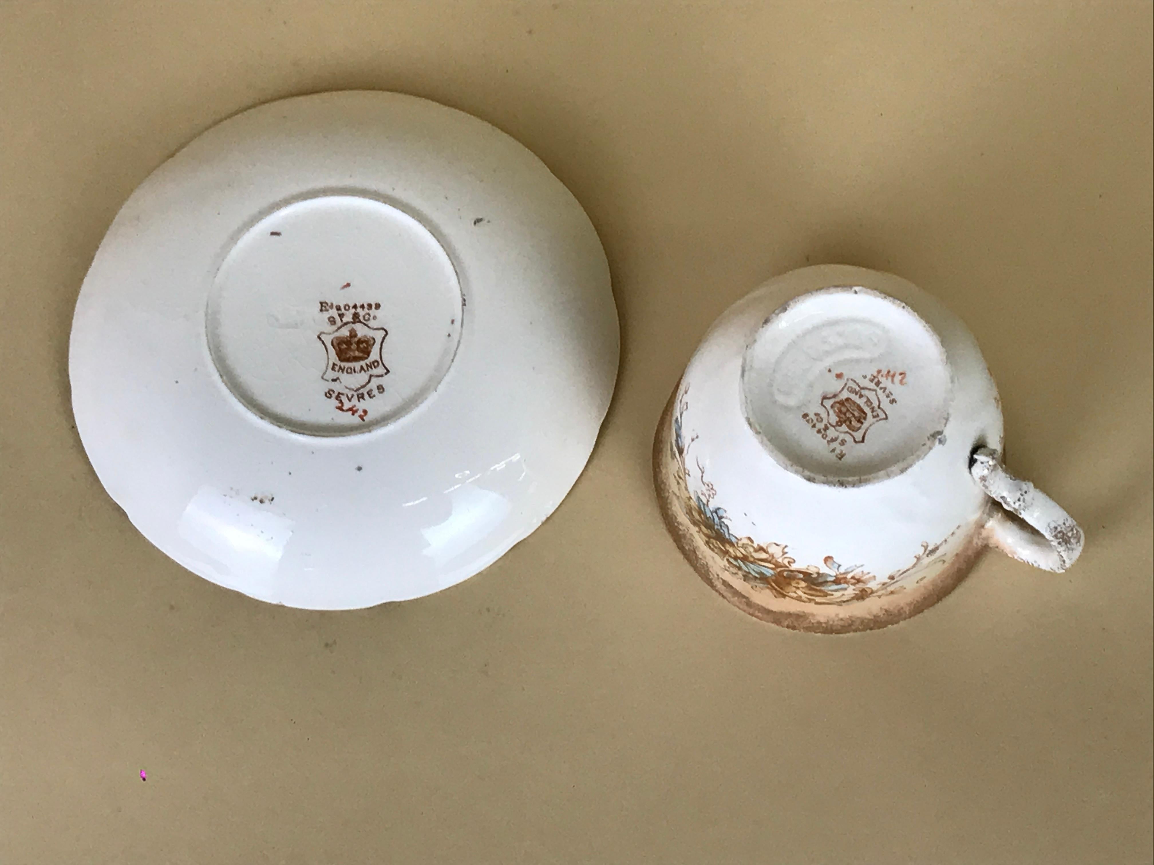 1890s English Earthenware Mustache Cup and Saucer S.F. & Co Sevres Pattern In Good Condition In Milan, IT