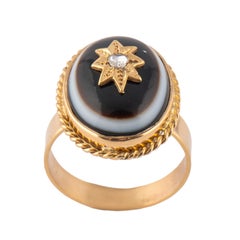 1890s English Victorian Bull’s Eye Agate Diamond Ring