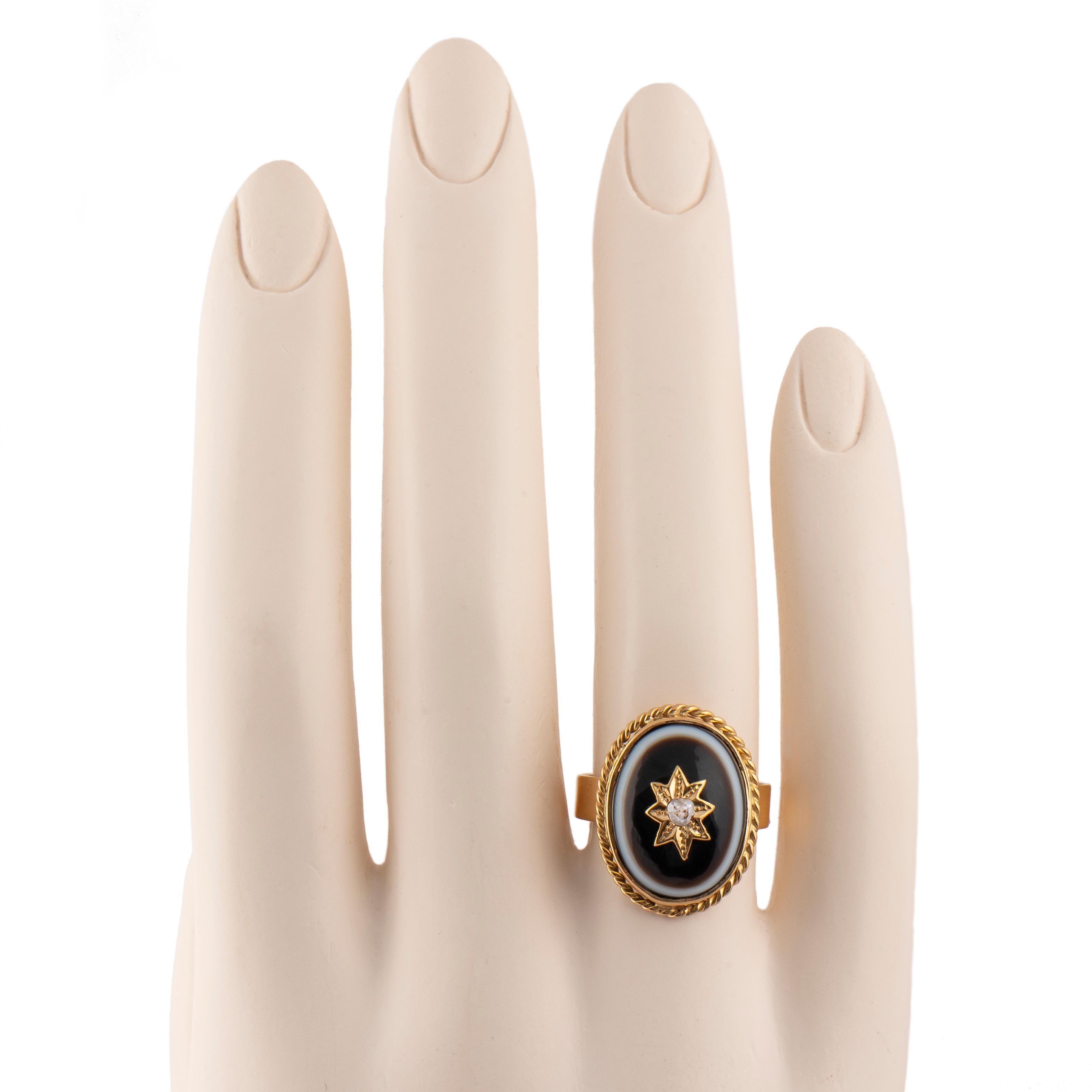 1890er Jahre Englisch Viktorianisch Bull's Eye Achat Diamant Ring (Rosenschliff) im Angebot
