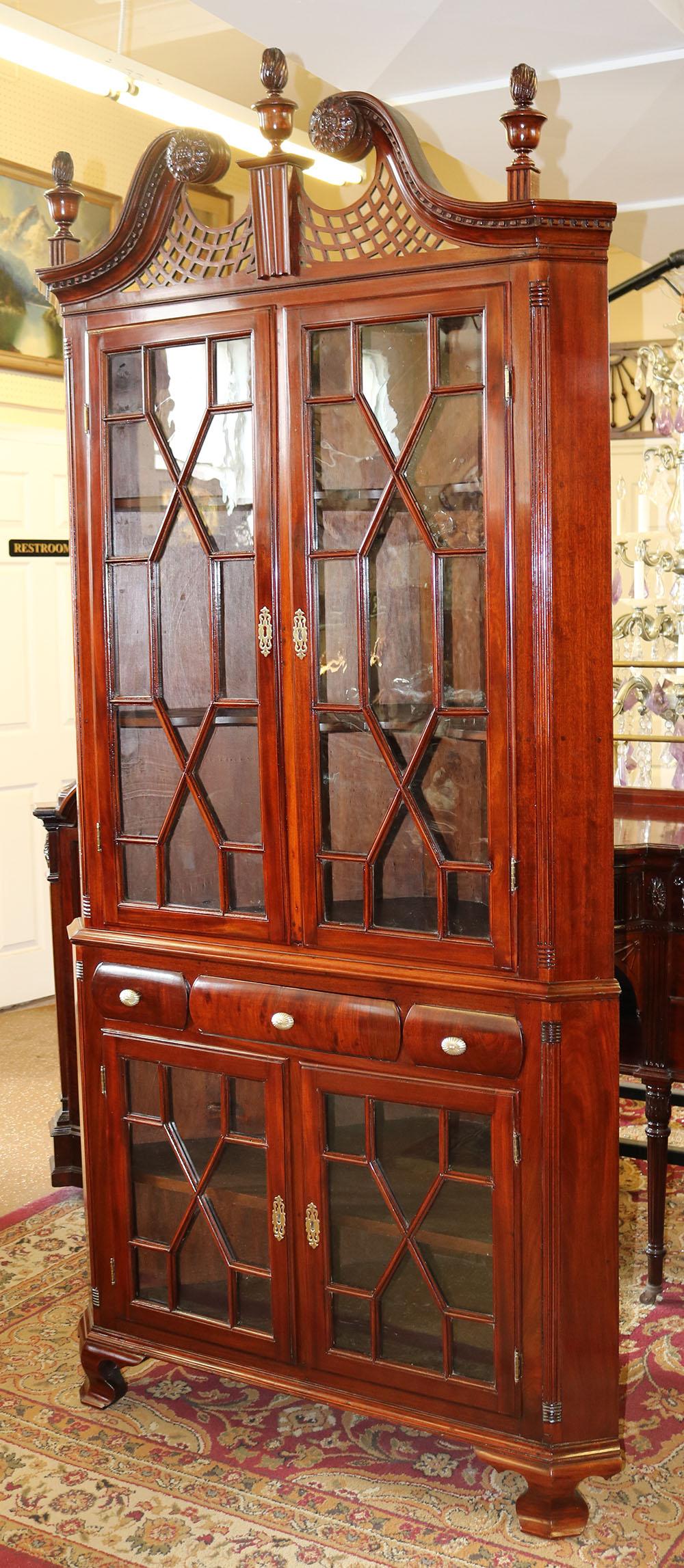 American 1890s Era Solid Mahogany Chippendale Corner Cabinet Cupboard Hand Blown Glass For Sale