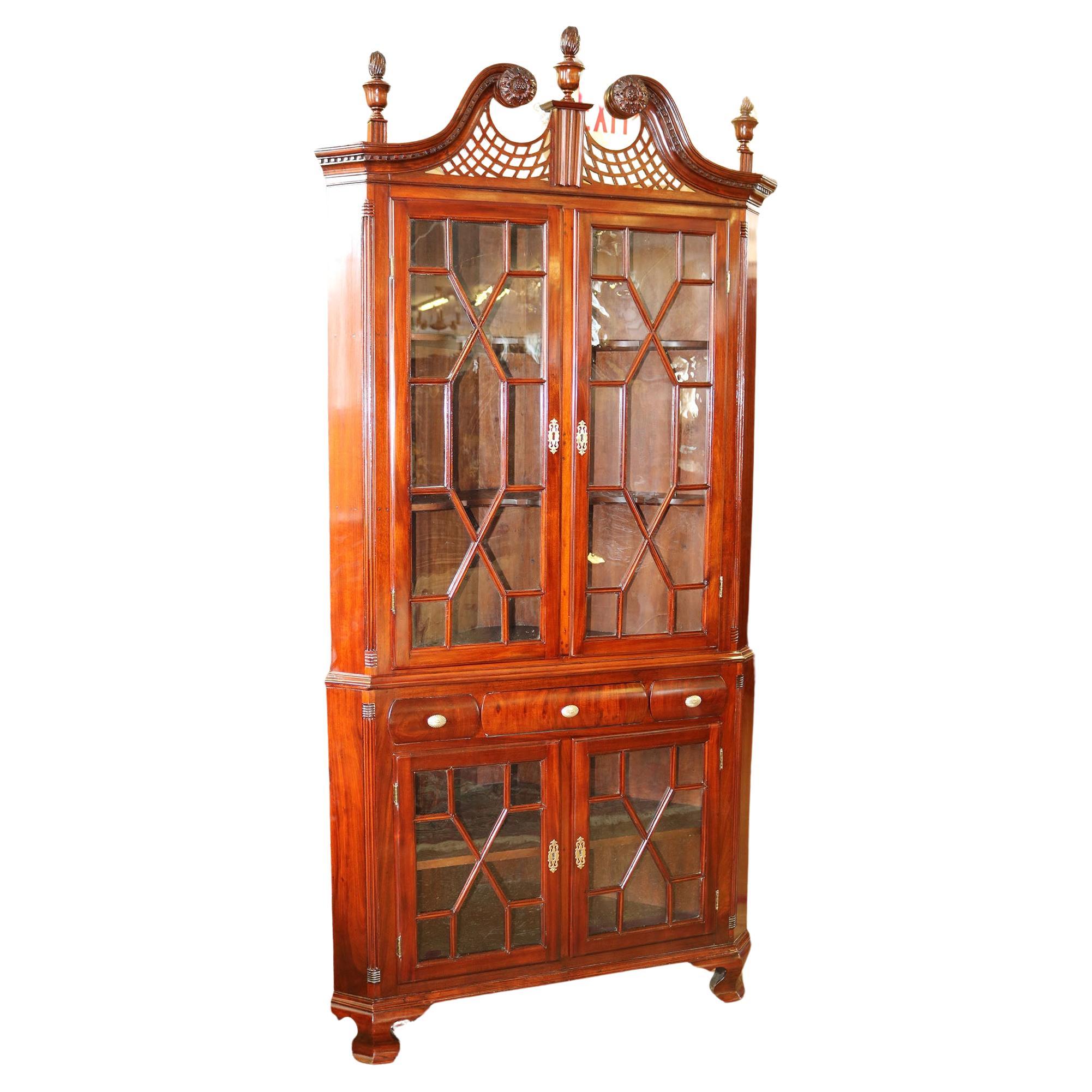 1890s Era Solid Mahogany Chippendale Corner Cabinet Cupboard Hand Blown Glass For Sale