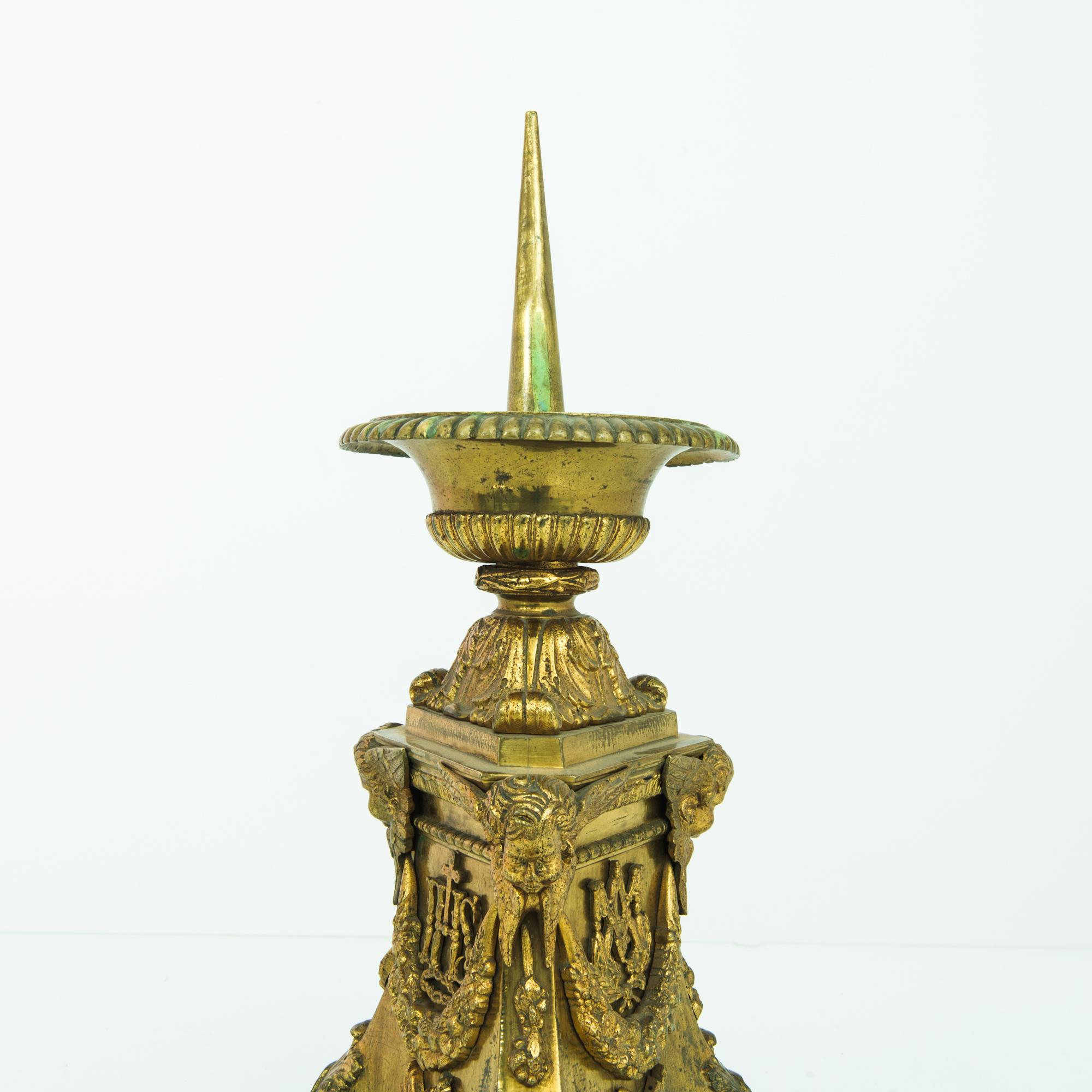 1890s French Brass Liturgical Candlestick In Good Condition In High Point, NC