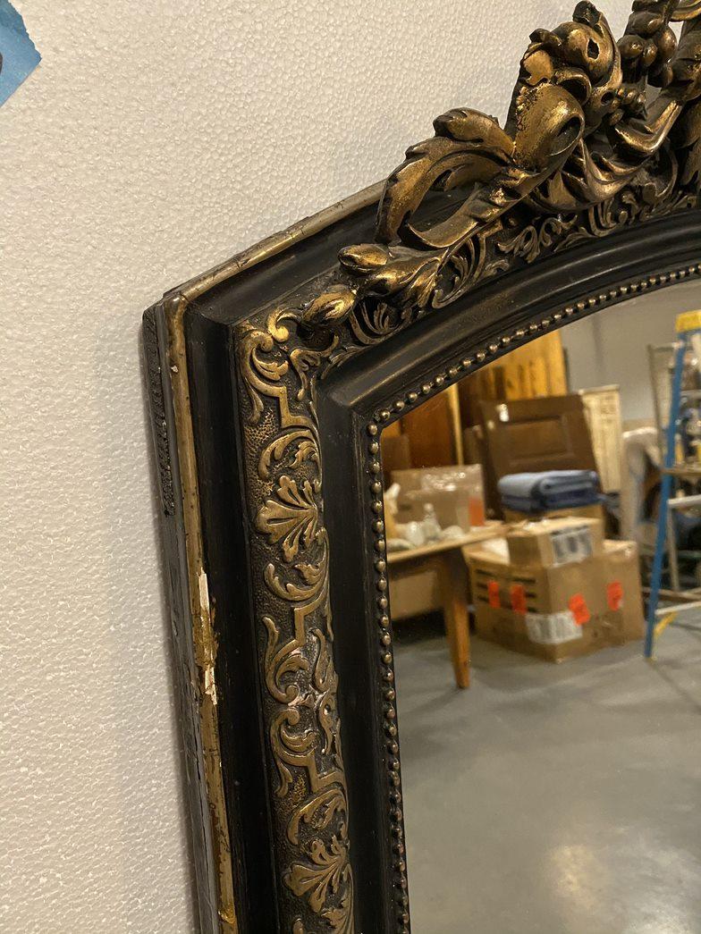 1890s French Cherub Motif Mirror Gesso Hand Carved Gilt Black Wood 1