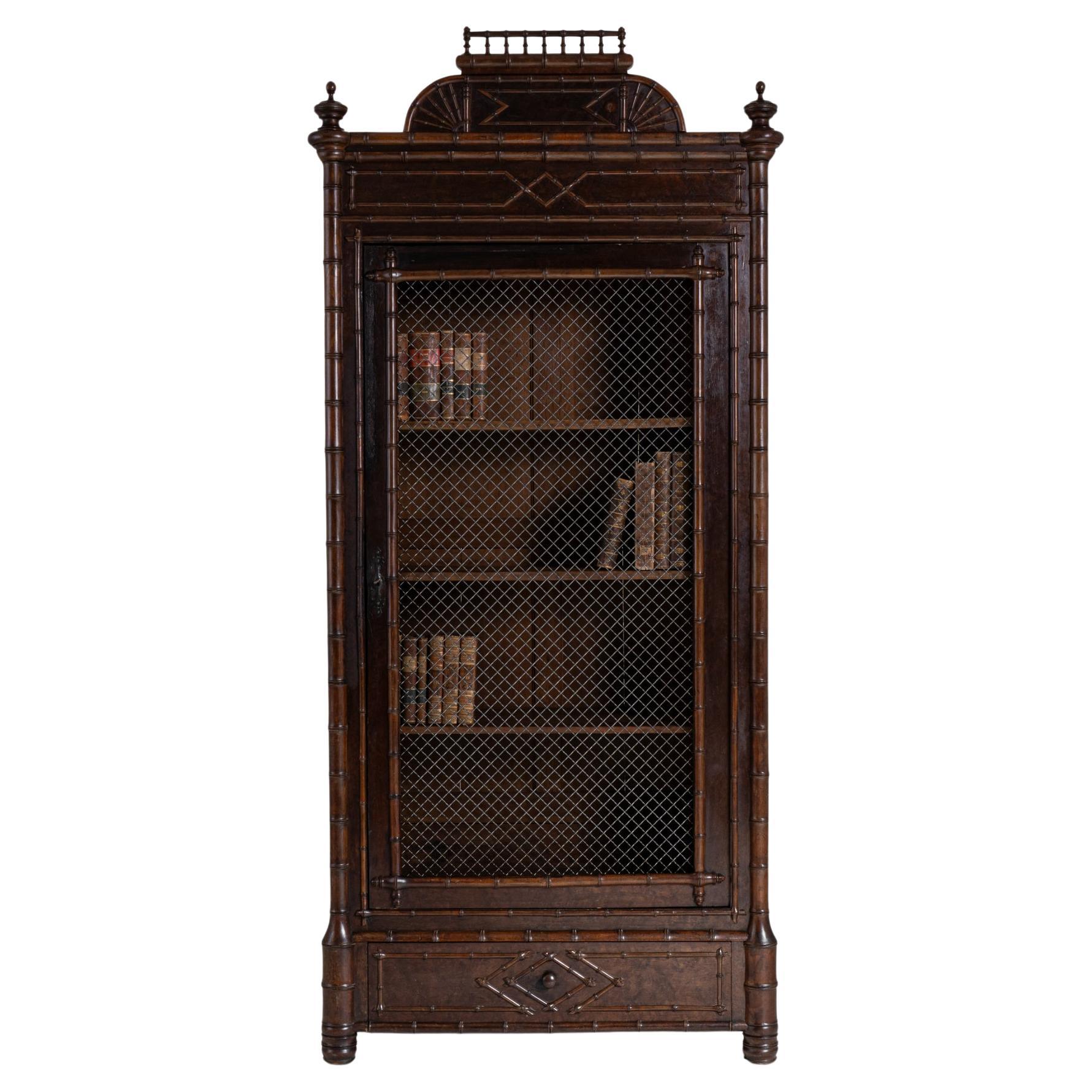 1890s French Faux Bamboo Cabinet With Wire Mesh Doors