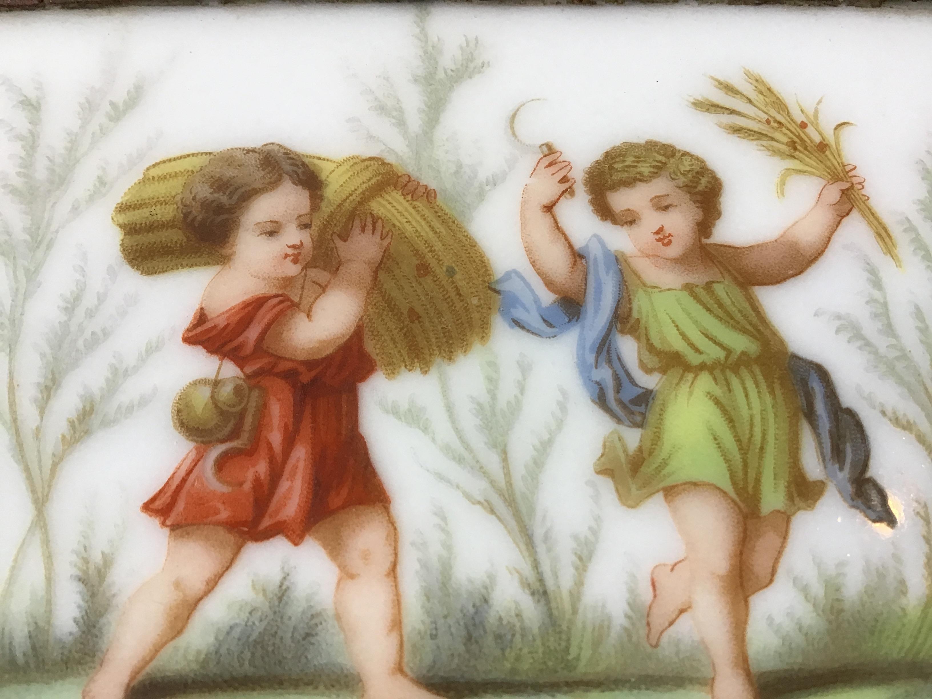 Late 19th Century 1890s French Leather Box with Ceramic Plaque of Children For Sale
